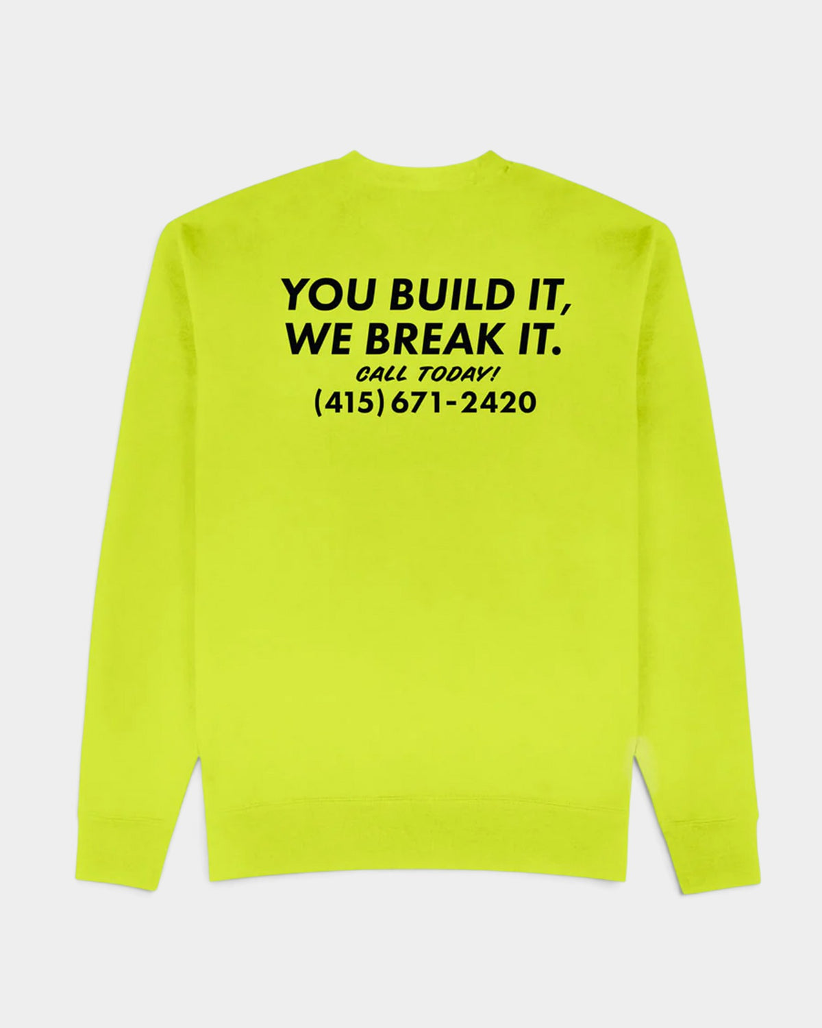 Lockwood Avenue Thrasher Destruction neon yellow crewneck sweatshirt with black graphic print on the back