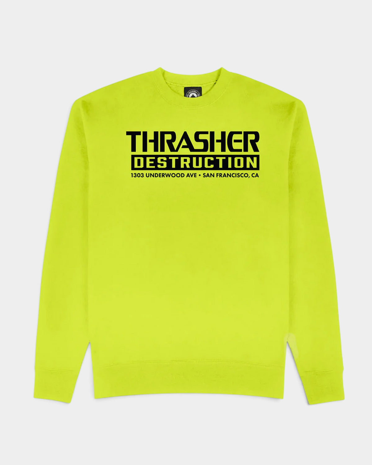 Lockwood Avenue Thrasher Destruction neon yellow crewneck sweatshirt with black chest graphic on cotton blend fabric