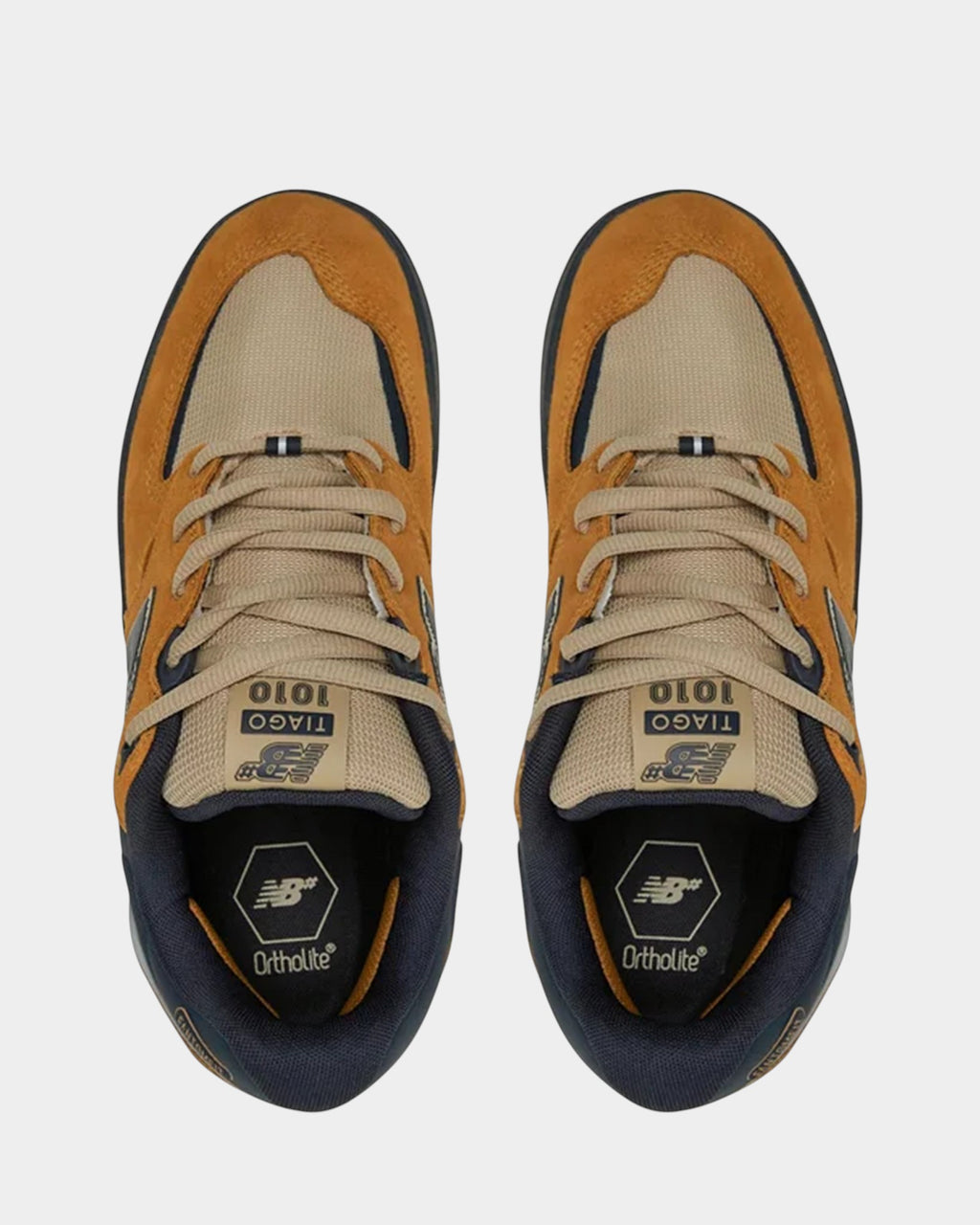 Lockwood Avenue NB Numeric Tiago Lemos 1010 skate shoes in wheat-brown suede and mesh with navy accents, top view.