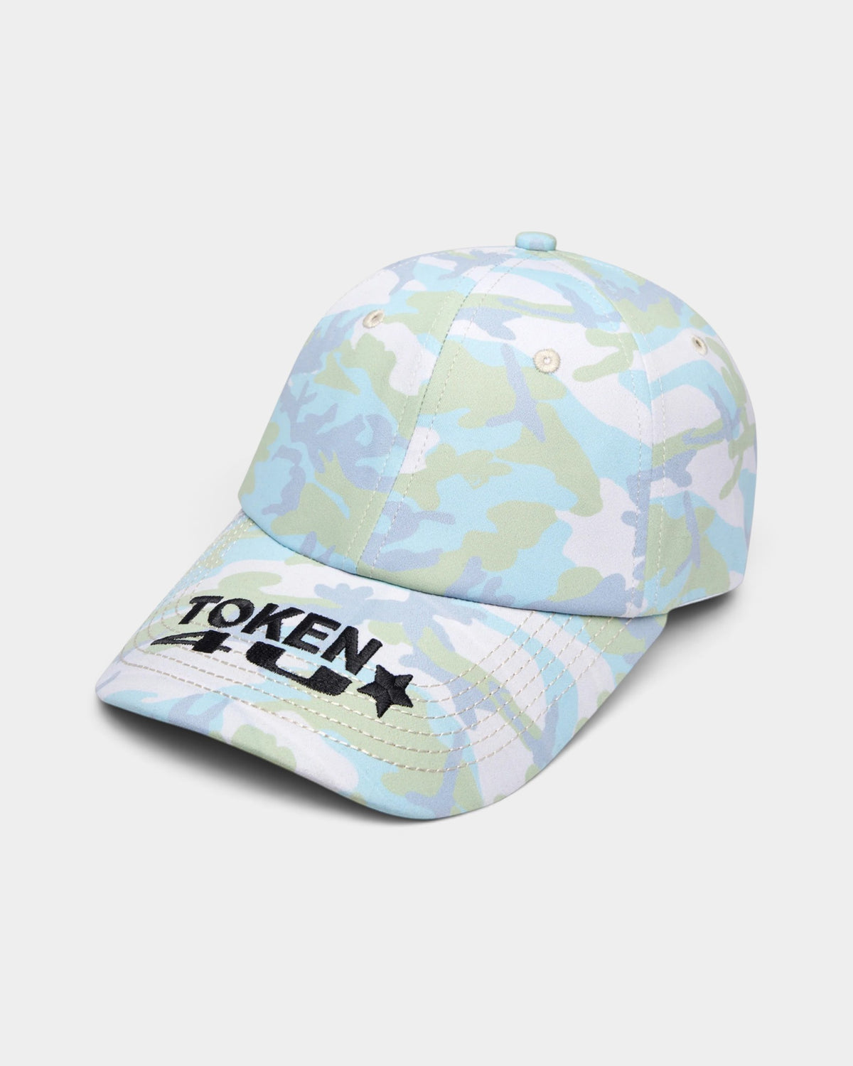 Lockwood Avenue Token Lucien six-panel cap in pastel blue and green camouflage print with black embroidered logo