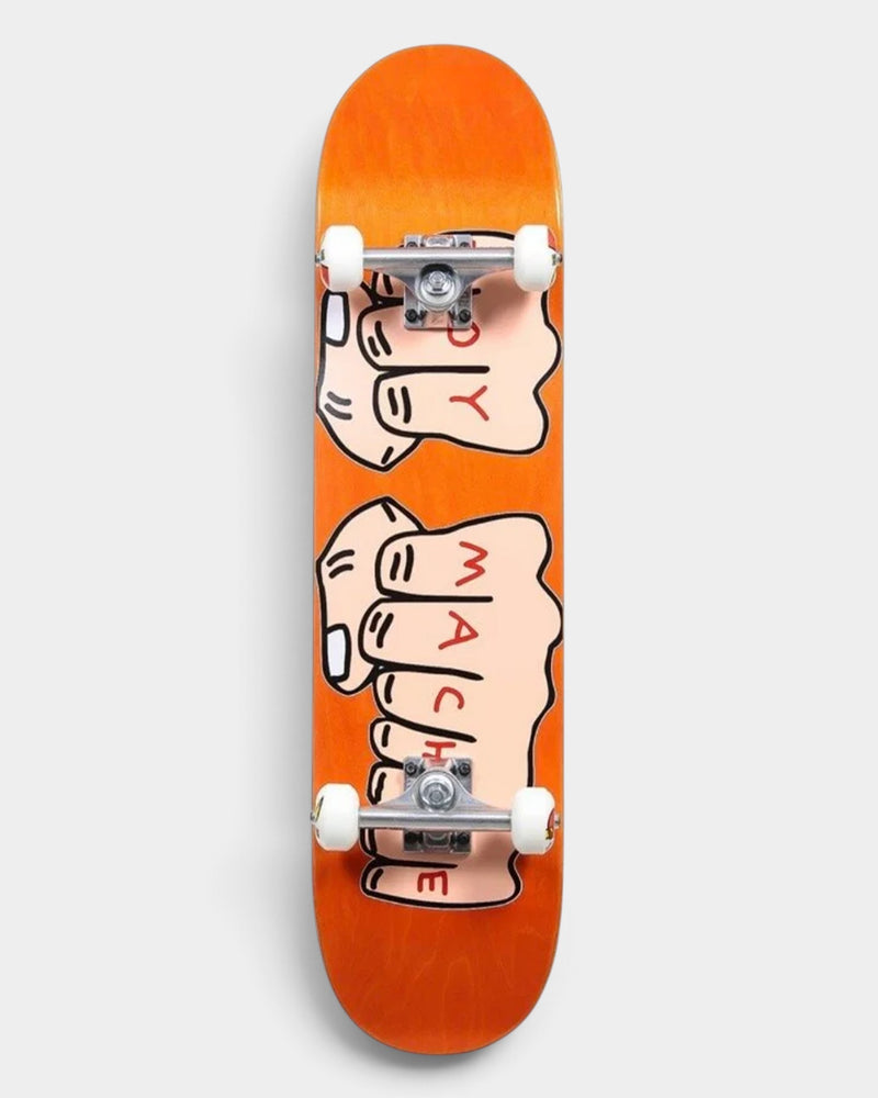 Lockwood Avenue Toy Machine Fists complete skateboard with orange woodgrain deck and knuckle tattoo graphic