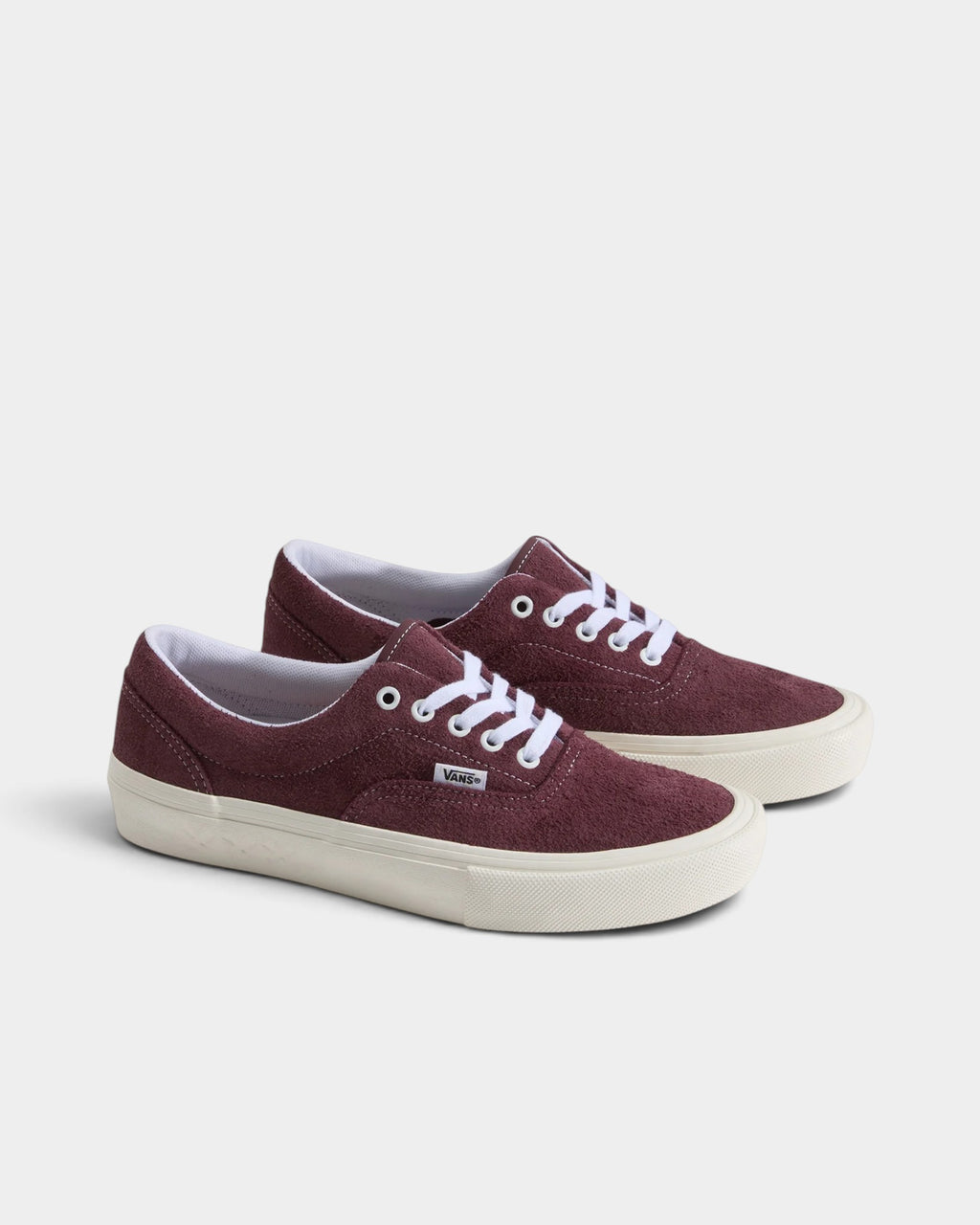 Lockwood Avenue Vans x Pop x Ben-G Skate Era sneakers in burgundy hairy suede with white laces and off-white soles.