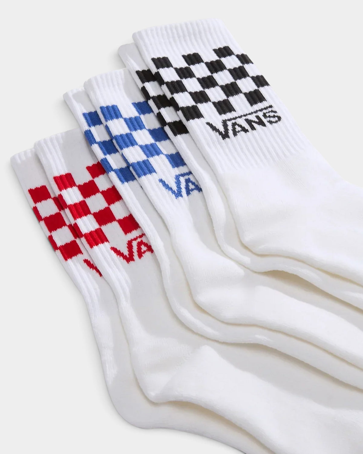 Lockwood Avenue Vans crew socks in a 3-pack with red, blue, and black checkerboard patterns on white cotton-blend knit.
