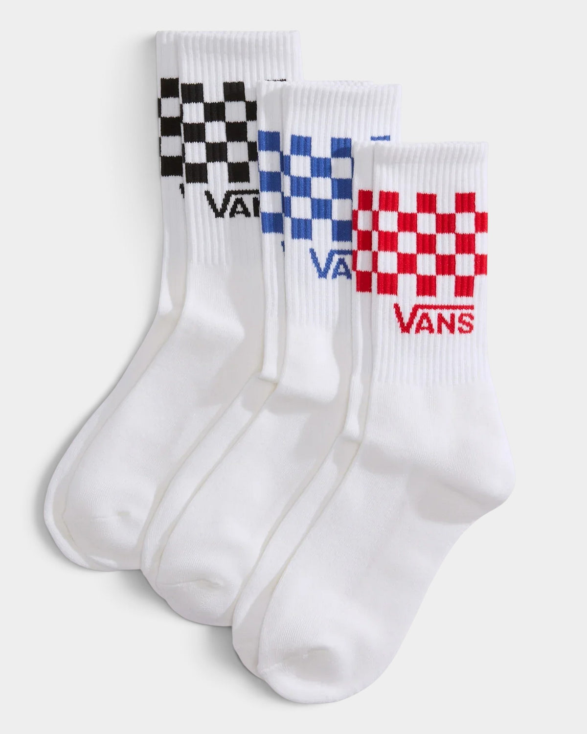 Lockwood Avenue Vans three-pack crew socks in white with black, blue, and red checkerboard patterns and ribbed cuffs.
