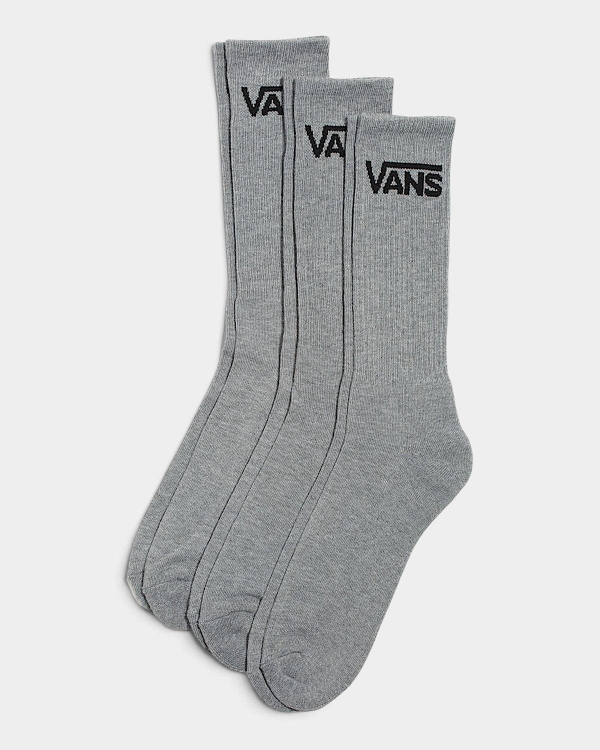 Lockwood Avenue Vans grey crew socks in a 3-pack with black jacquard logo detailing and cushioned soles.