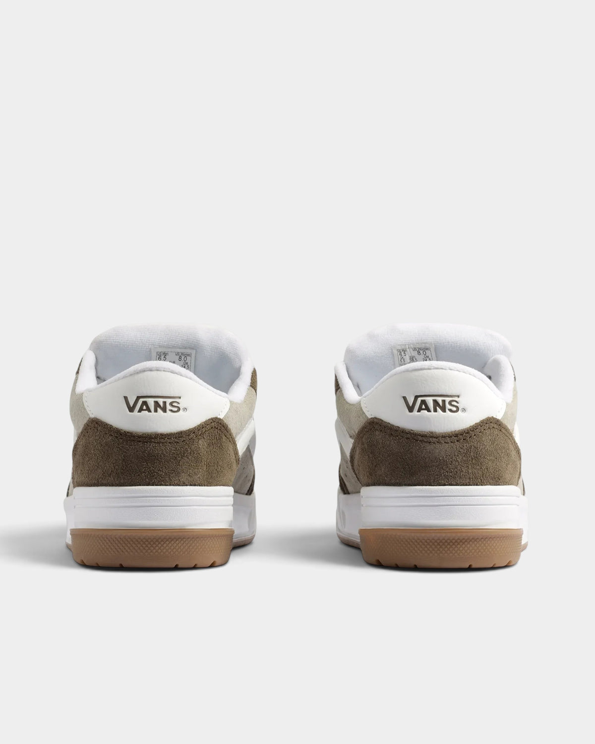 Lockwood Avenue Vans Hylane beige suede skate shoes showing the back view with white collars and gum rubber outsoles.
