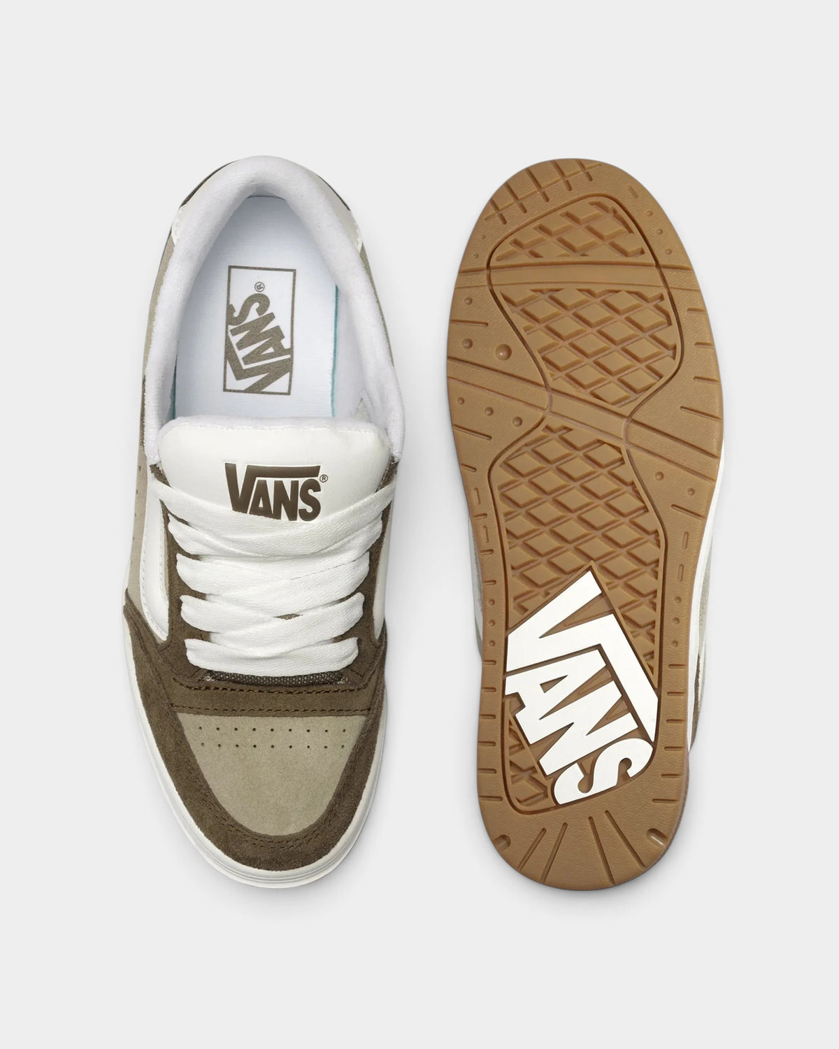 Lockwood Avenue Vans Hylane beige suede skate shoes showing top view and gum rubber cupsole with interlocking V tread
