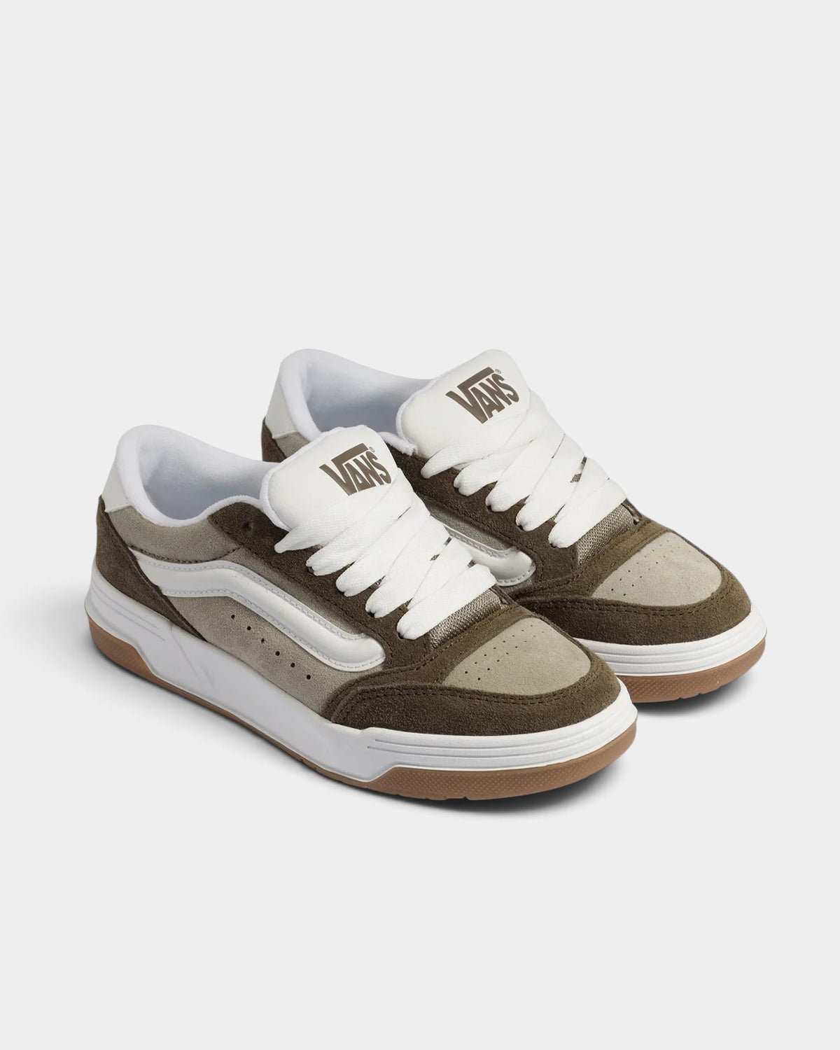 Lockwood Avenue Vans Hylane beige suede skate shoes with chunky white cupsole and oversized padded tongue