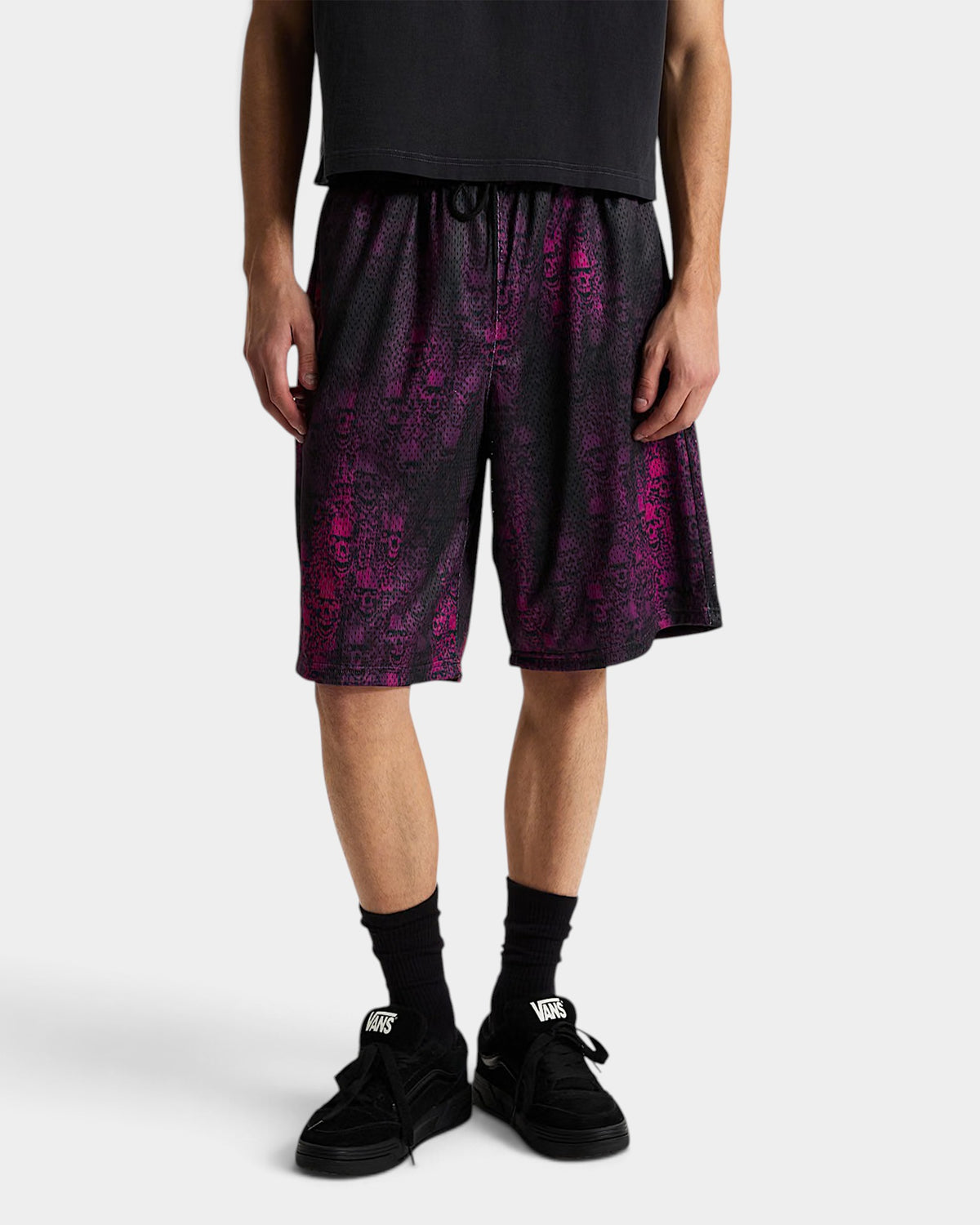 Lockwood Avenue Vans mesh shorts in black and purple with an all-over wreckpack graphic print and drawstring waist.