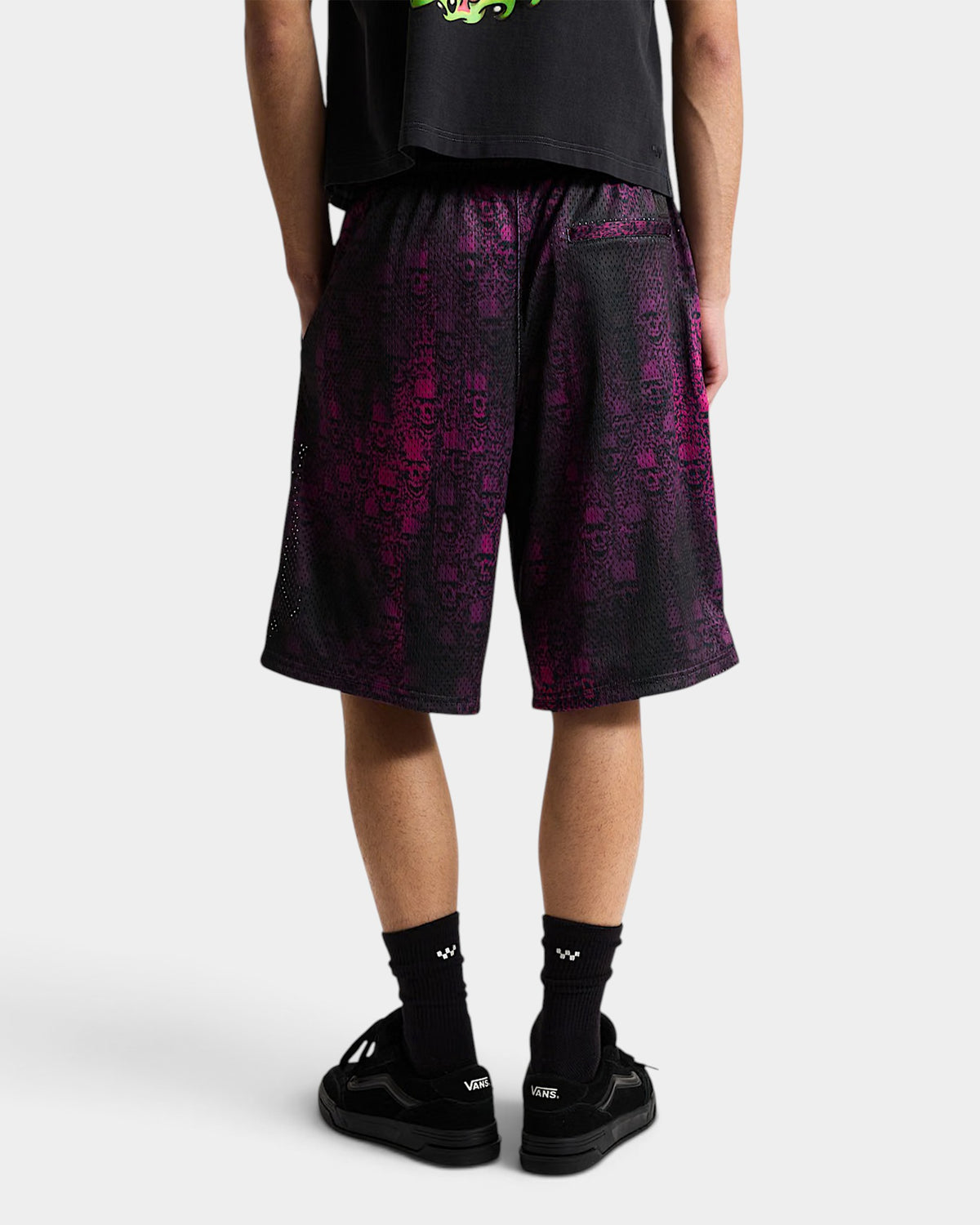 Lockwood Avenue Vans mesh shorts in black and purple with an all-over graphic print and relaxed fit