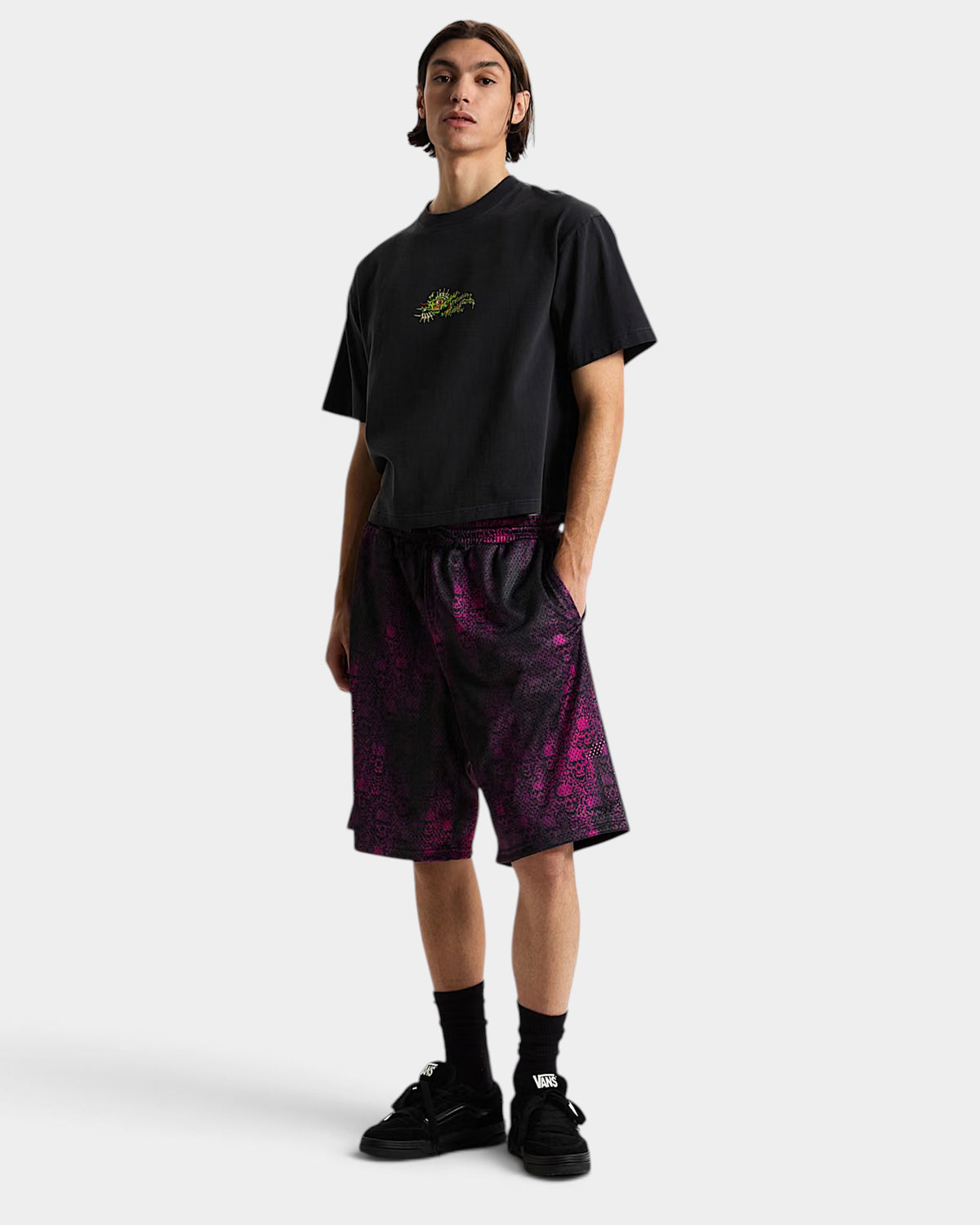 Lockwood Avenue Vans mesh shorts in black and purple with an all-over wreckpack graphic print and drawstring waist
