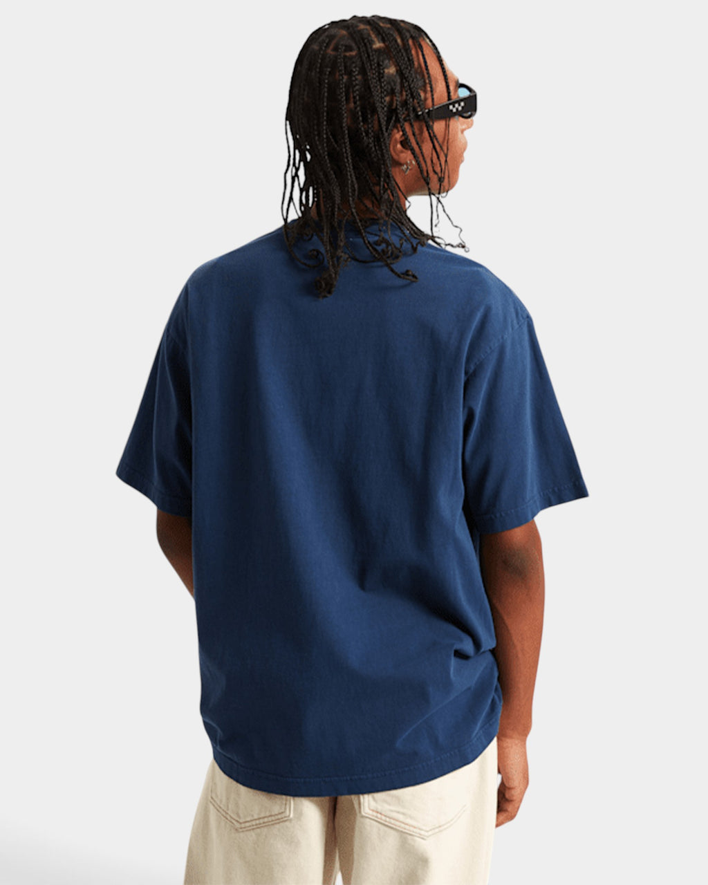 Lockwood Avenue Vans Premium loose fit navy blue cotton crew neck t-shirt worn by a man from the back view