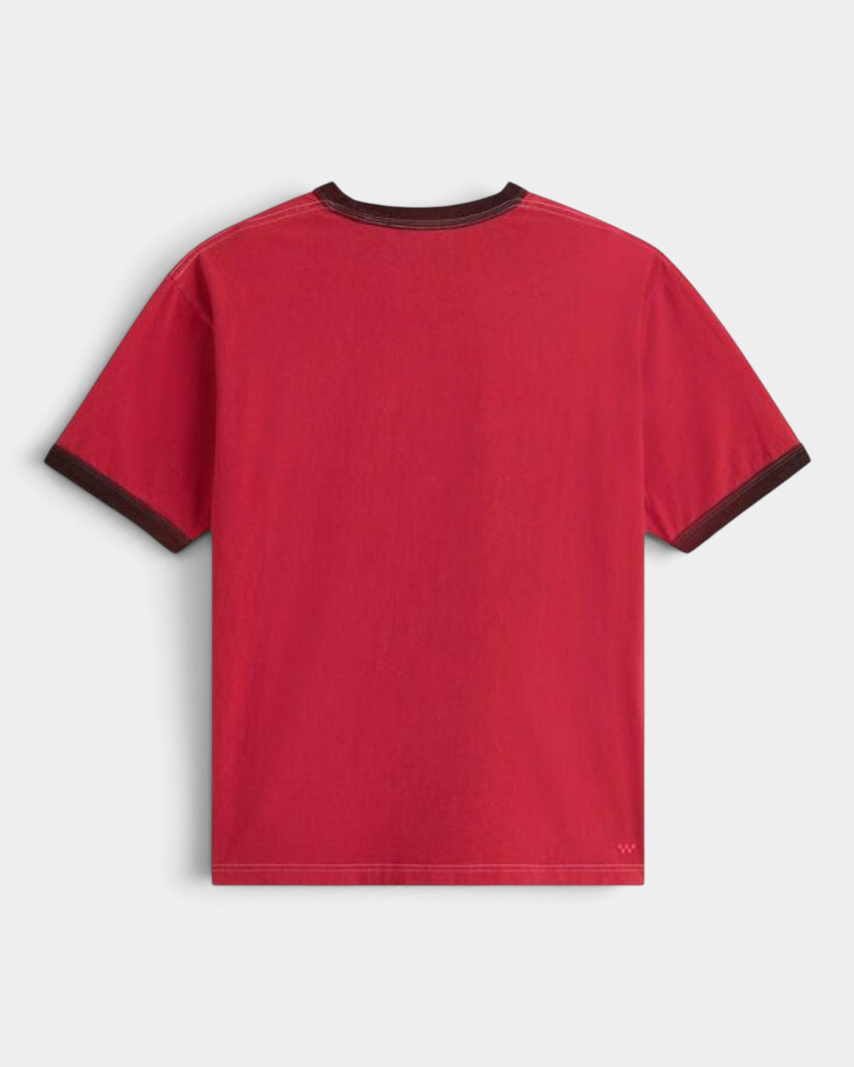 Lockwood Avenue Vans LX red cotton t-shirt with dark brown crew neck and sleeve trim, back view