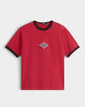 Lockwood Avenue Vans LX red cotton crew neck t-shirt with a small flame face emblem on the chest