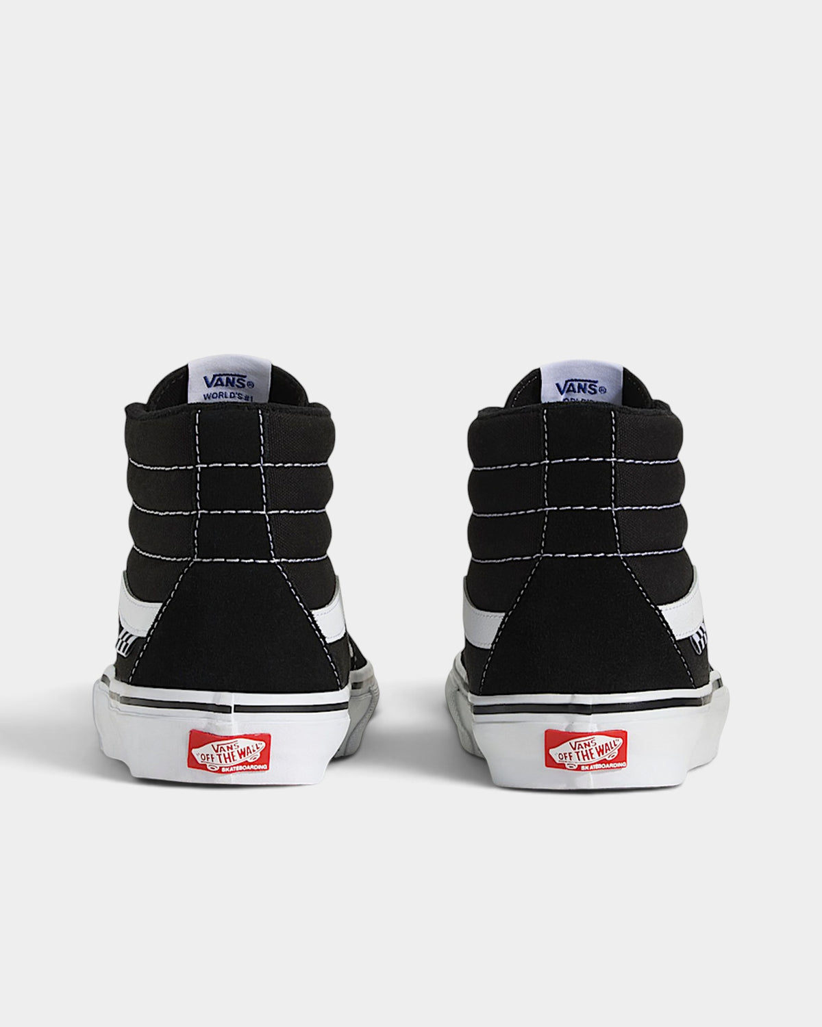 Lockwood Avenue Vans SK8-Hi Pro high-top skate shoes in black suede and canvas, rear view showing waffle outsoles.
