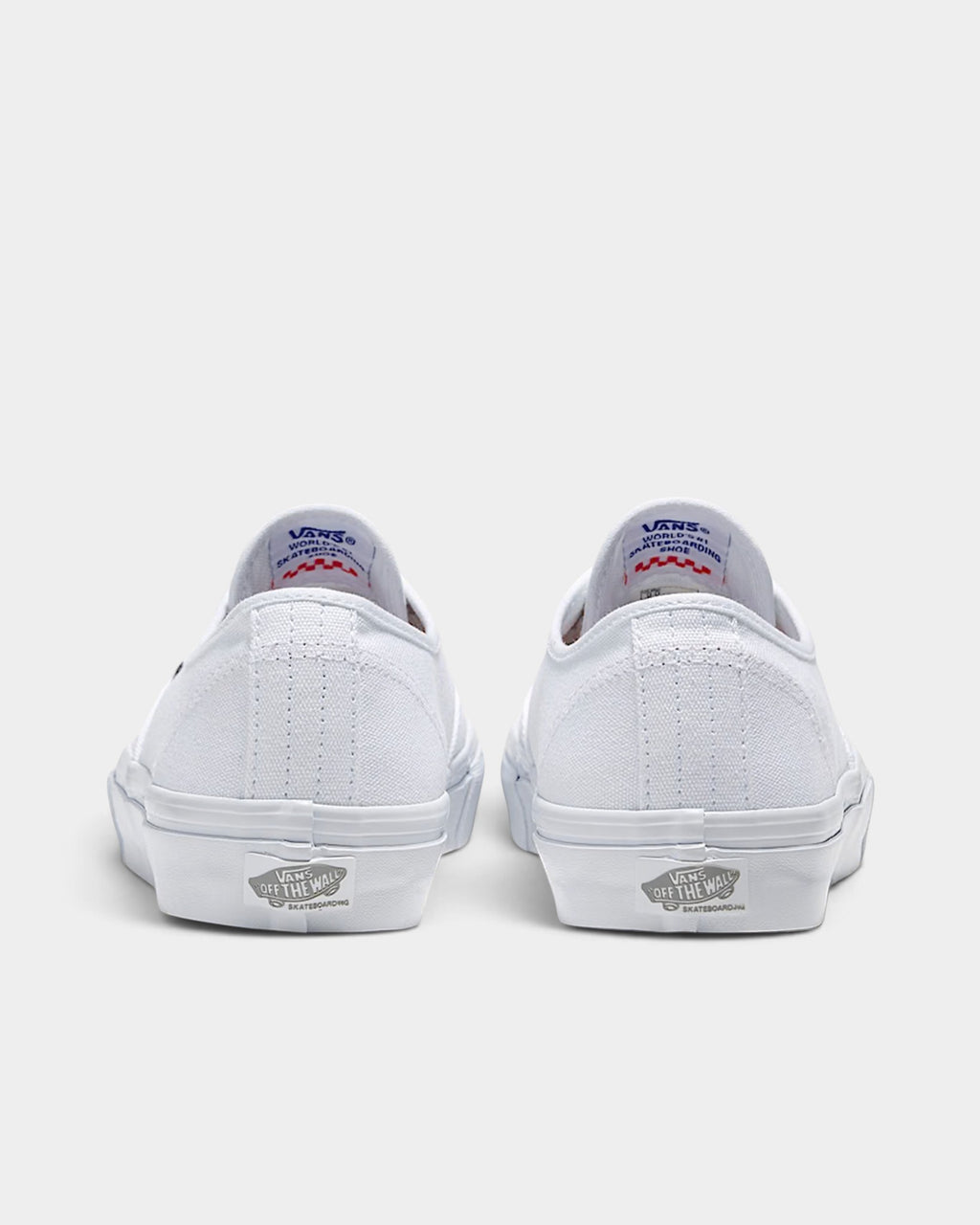 Lockwood Avenue Vans Skate Authentic shoes in true white canvas with rear view showing heel counters and logos