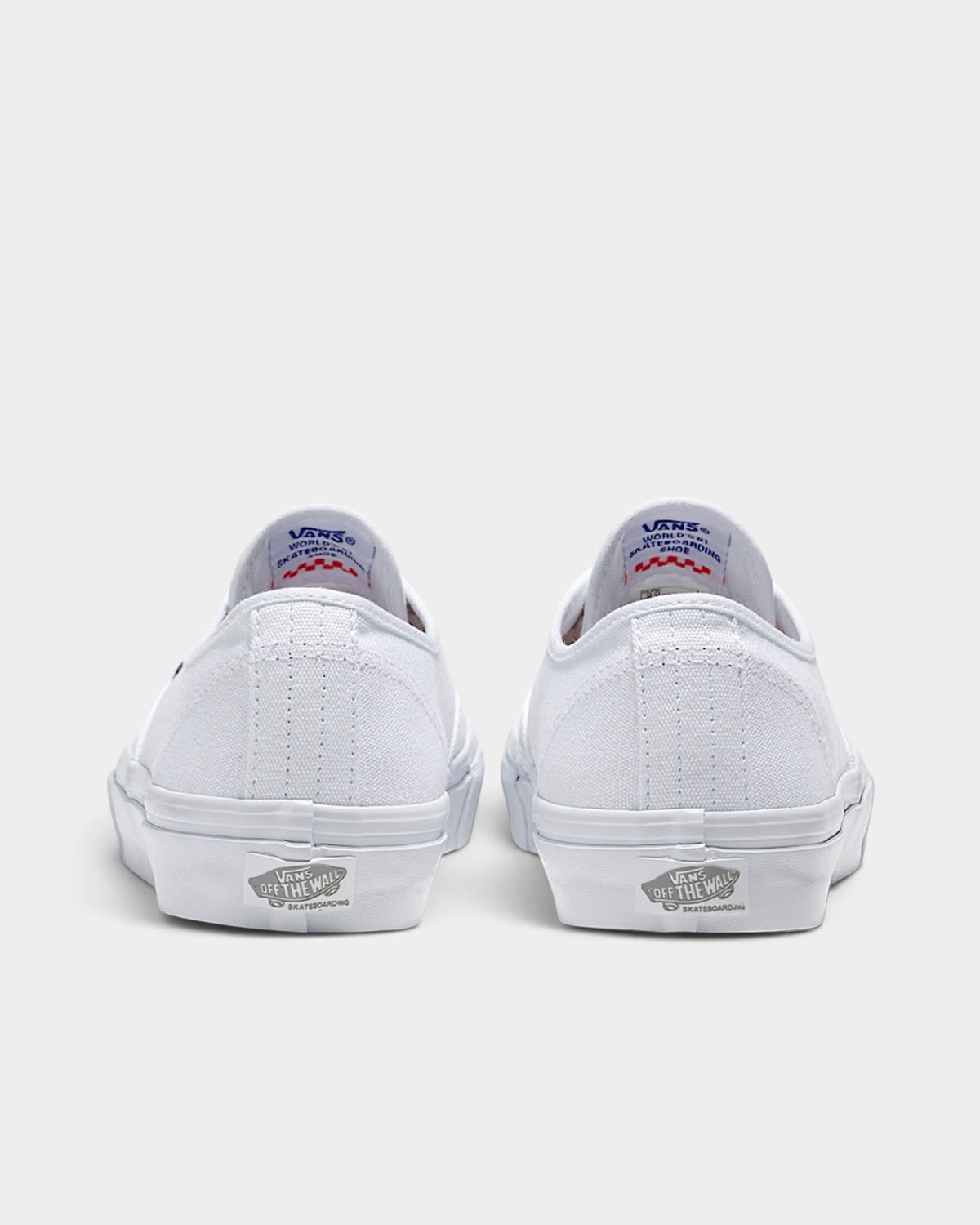 Lockwood Avenue Vans Skate Authentic shoes in true white canvas with rear view showing heel counters and logos