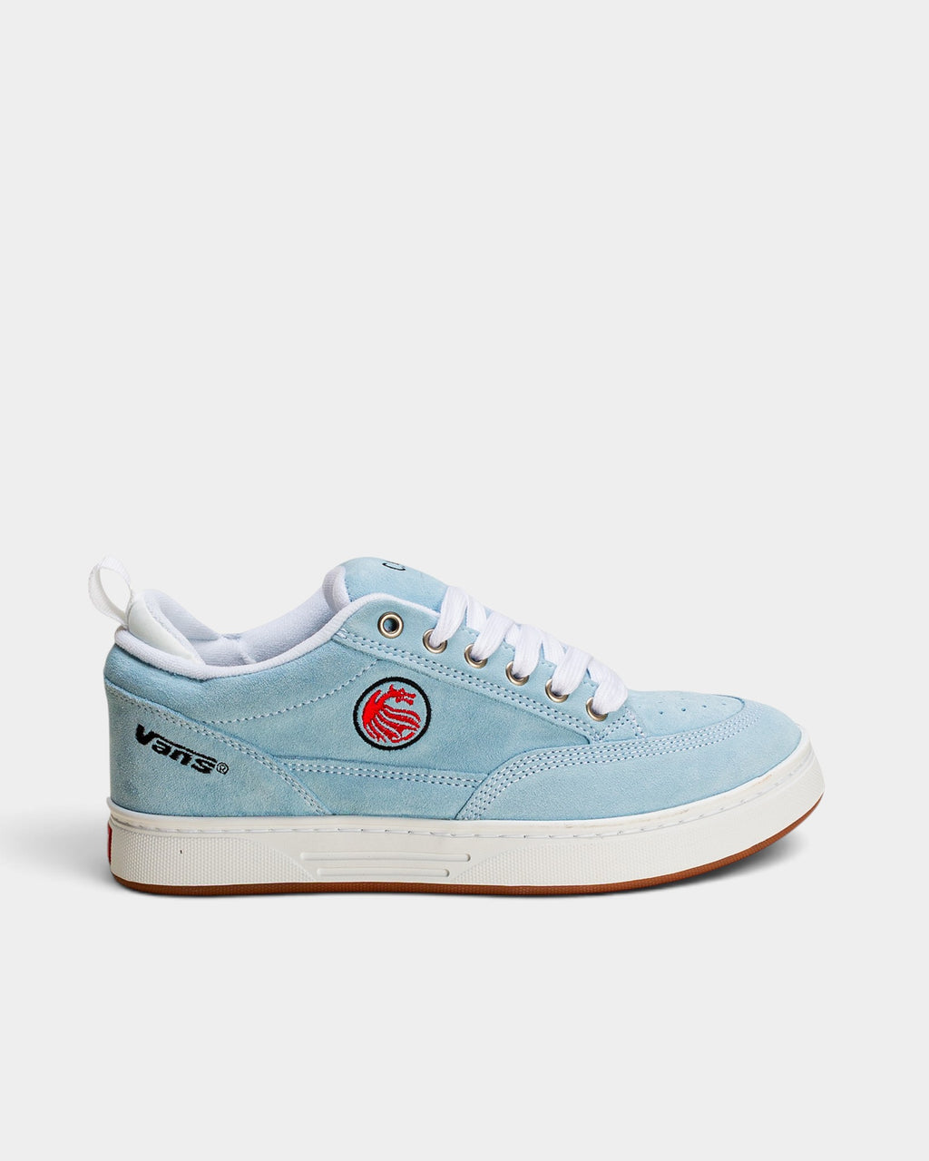 Lockwood Avenue Vans Skate Cab 4 shoes in baby blue leather with a gum rubber outsole and red dragon logo detail