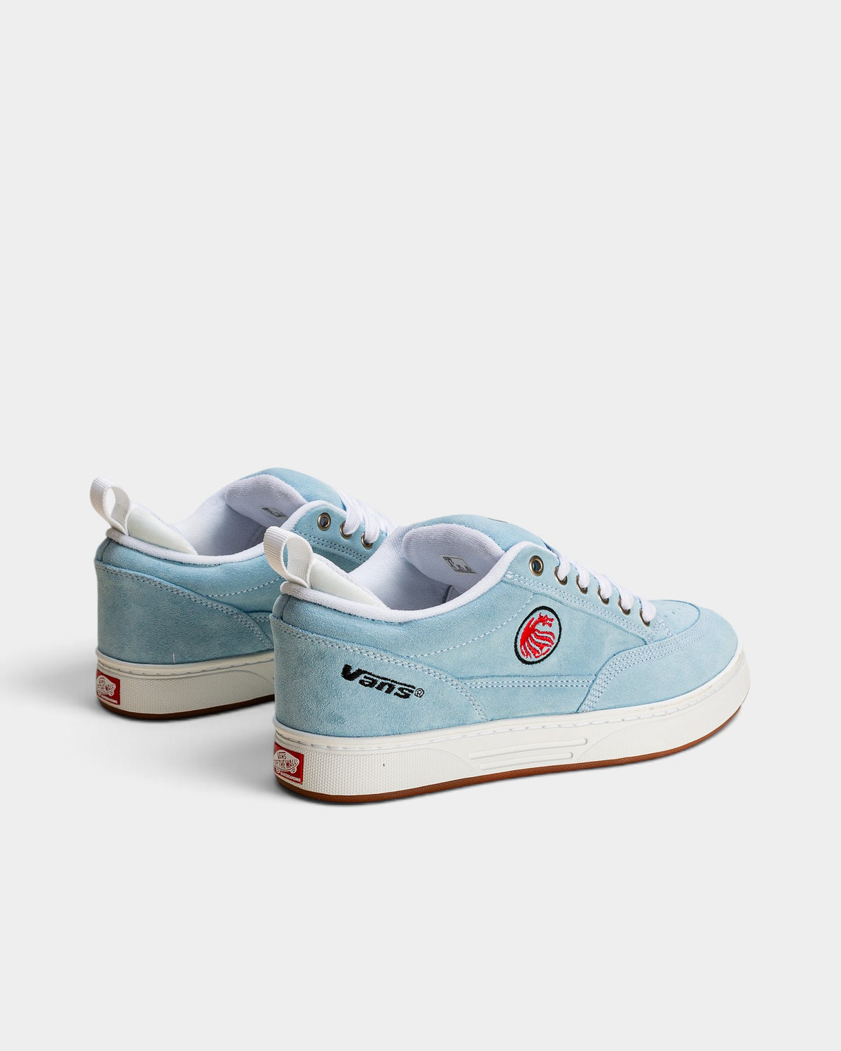 Lockwood Avenue Vans Skate Cab 4 shoes in baby blue leather with white cupsole and signature dragon logo detail