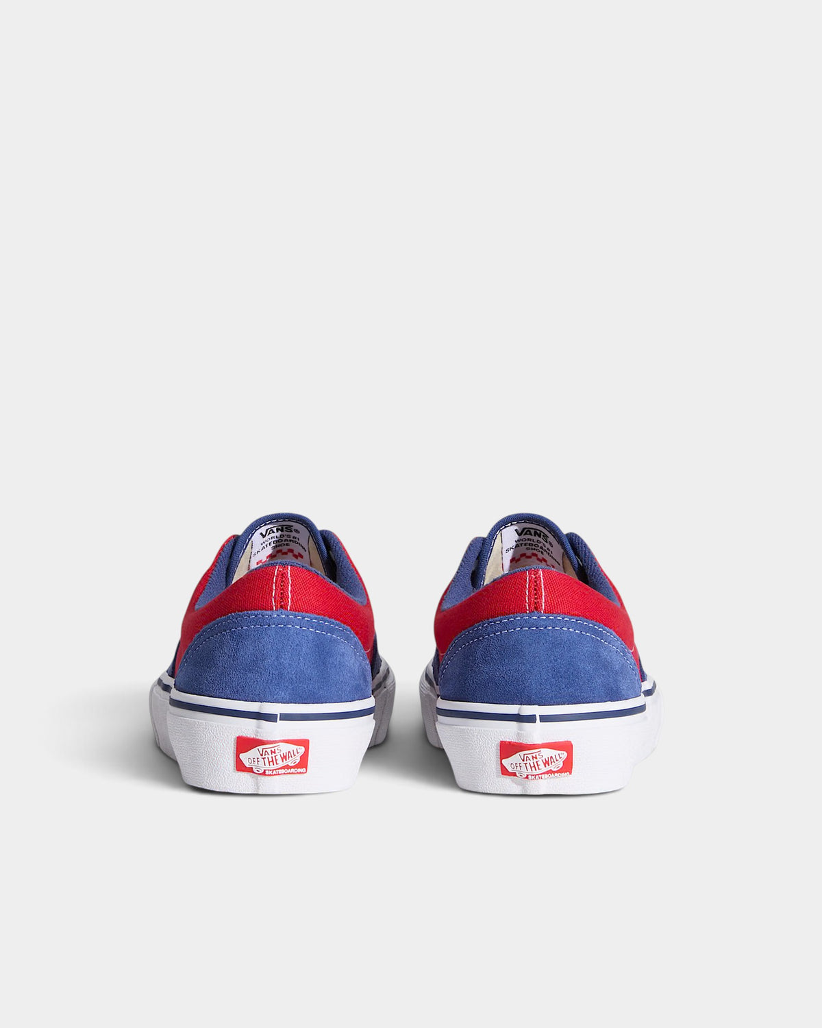 Lockwood Avenue Vans Skate Era shoes in blue and red, showing the rear view with white rubber waffle outsoles.