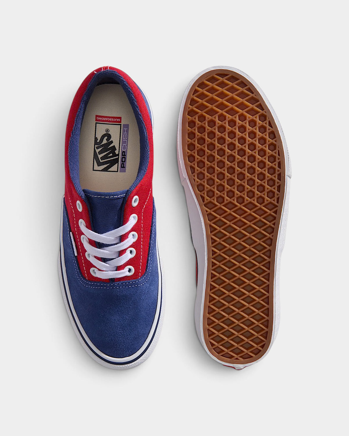 Lockwood Avenue Vans Skate Era shoes in blue and red with a gum waffle outsole and white laces.