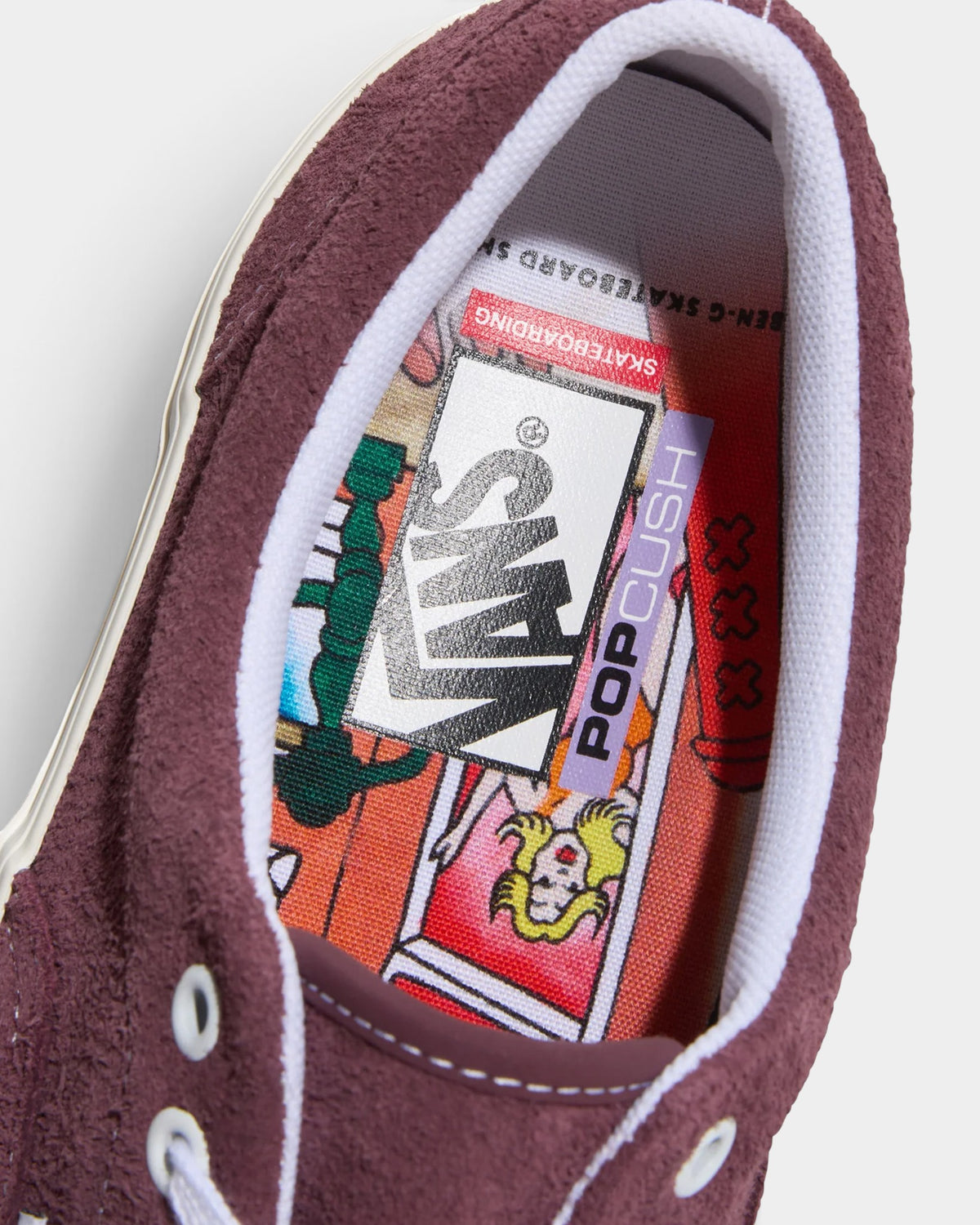 Lockwood Avenue Vans x Pop x Ben-G Skate Era shoe featuring burgundy hairy suede and custom illustrated insole