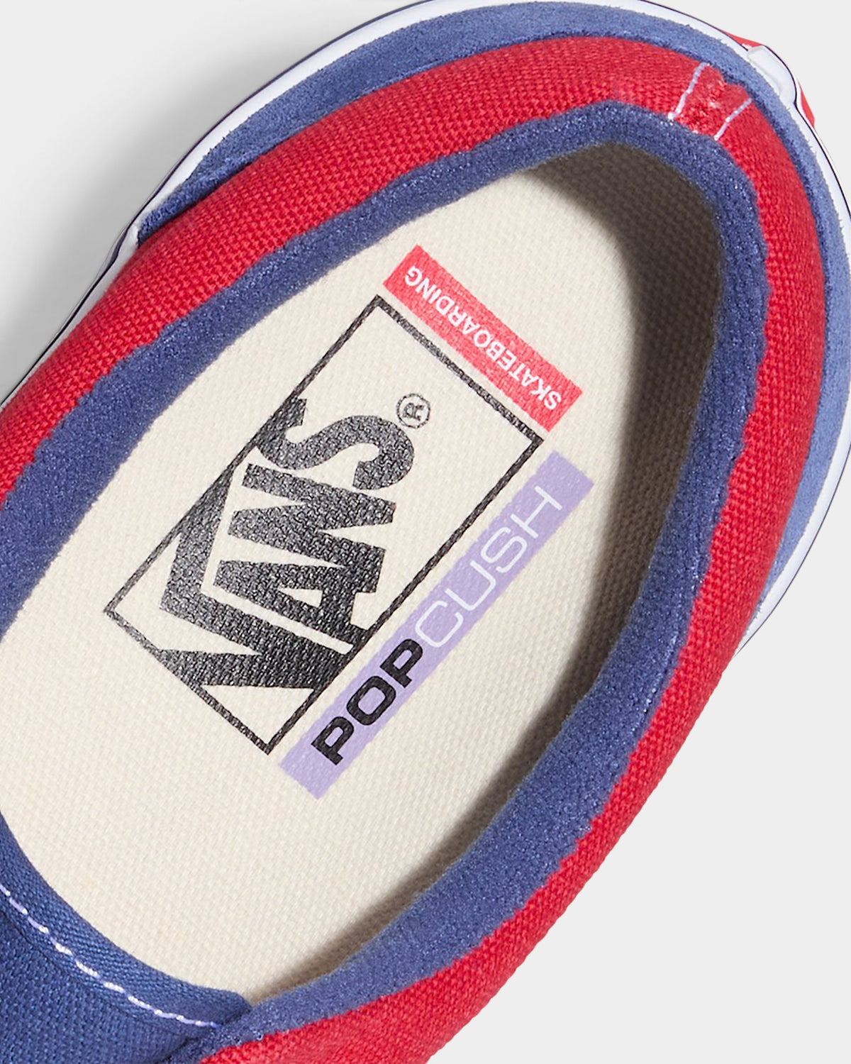 Lockwood Avenue Vans Skate Era shoes featuring a blue and red canvas upper with a cushioned POPCUSH insole