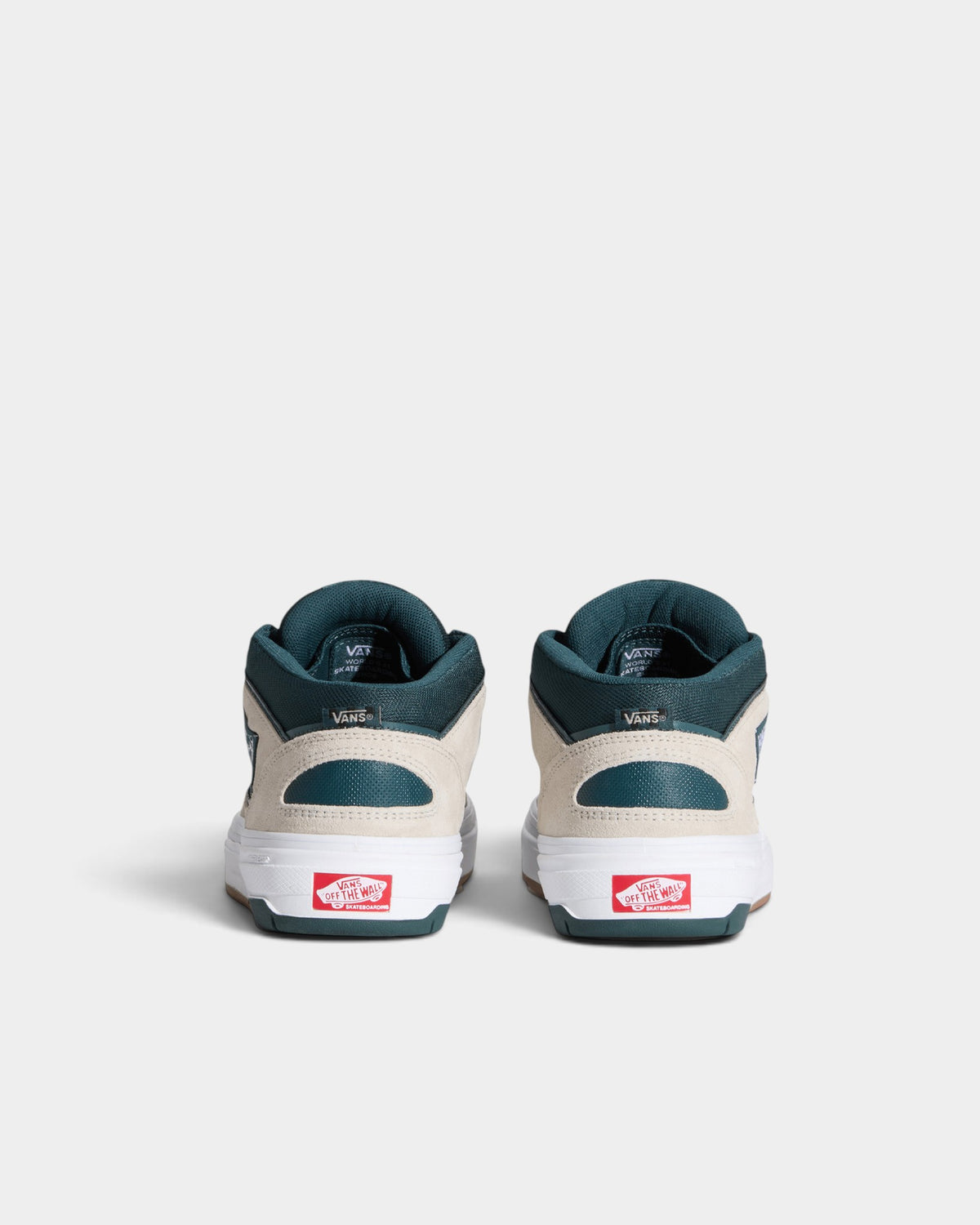 Lockwood Avenue Vans Skate Half Cab mid-top sneakers in oatmeal and deep teal seen from the back