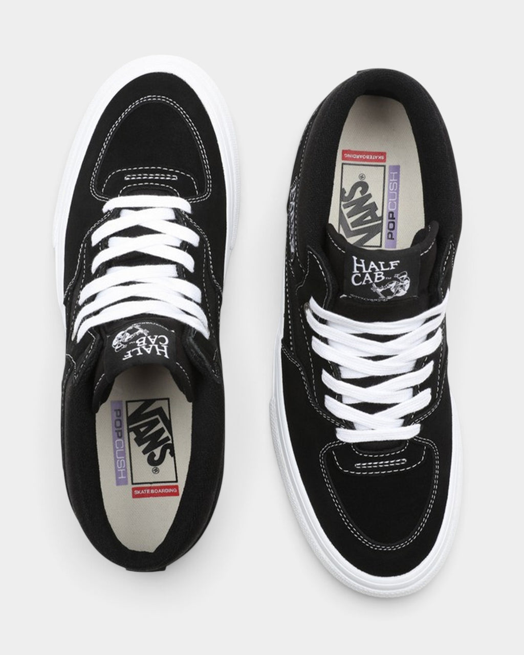 Lockwood Avenue Vans Skate Half Cab shoes in black suede with white laces and white vulcanized soles, top view.
