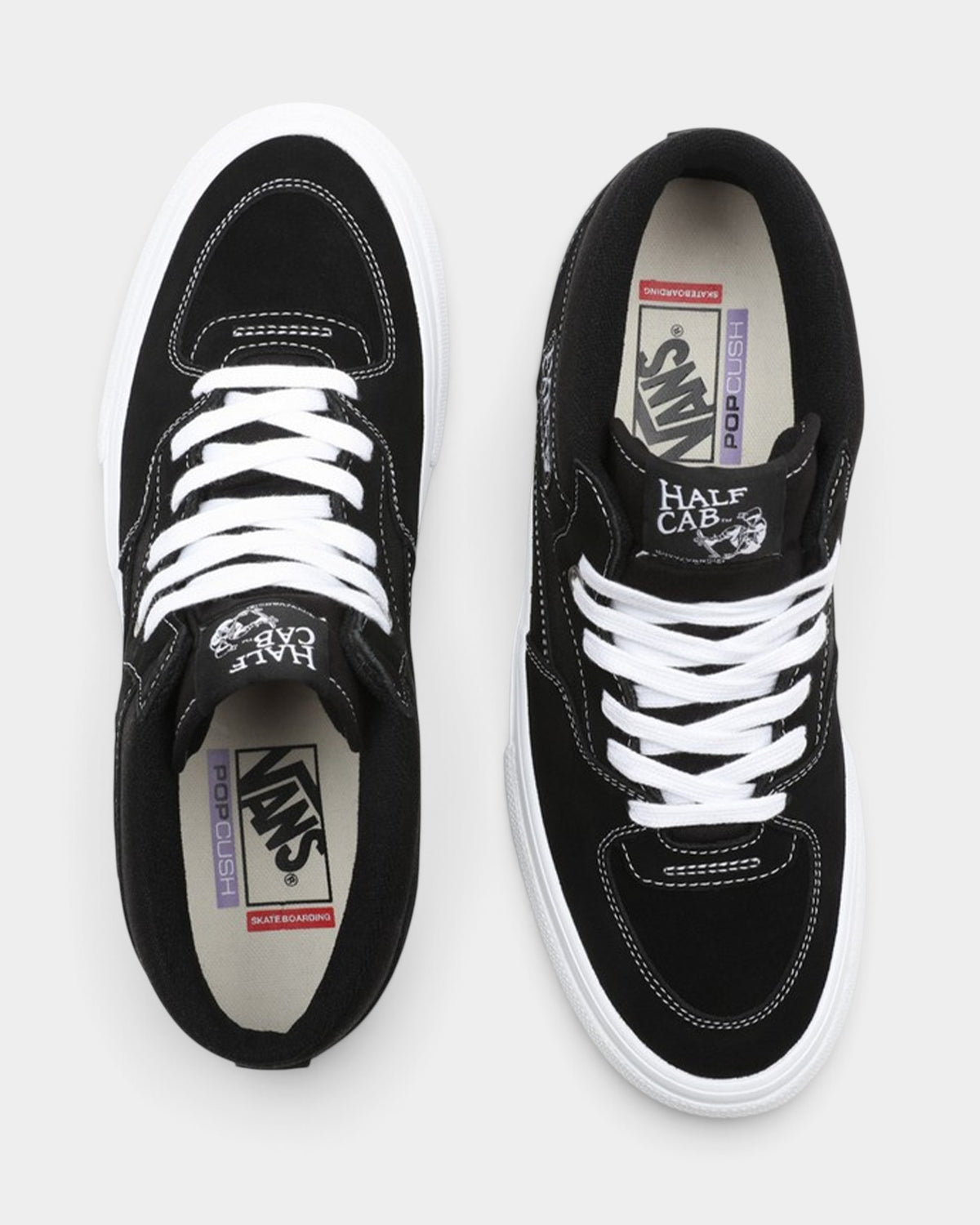 Lockwood Avenue Vans Skate Half Cab shoes in black suede with white laces and white vulcanized soles, top view.