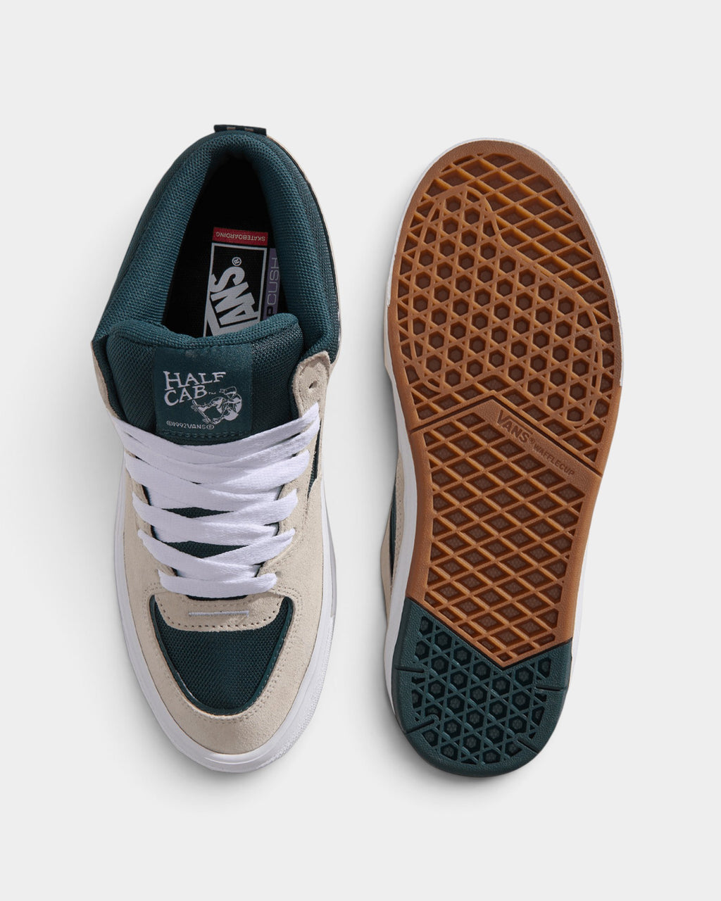 Lockwood Avenue Vans Skate Half Cab shoes in oatmeal and deep teal with white laces and gum rubber wafflecup outsole