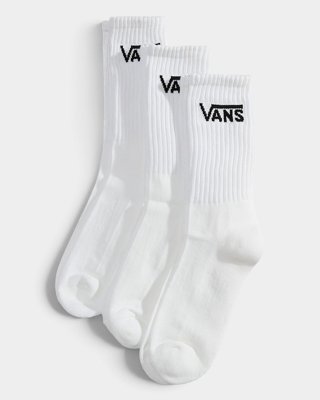 Lockwood Avenue 3-pack of white crew socks featuring a cushioned sole and black jacquard Vans logo on the ribbed cuff.