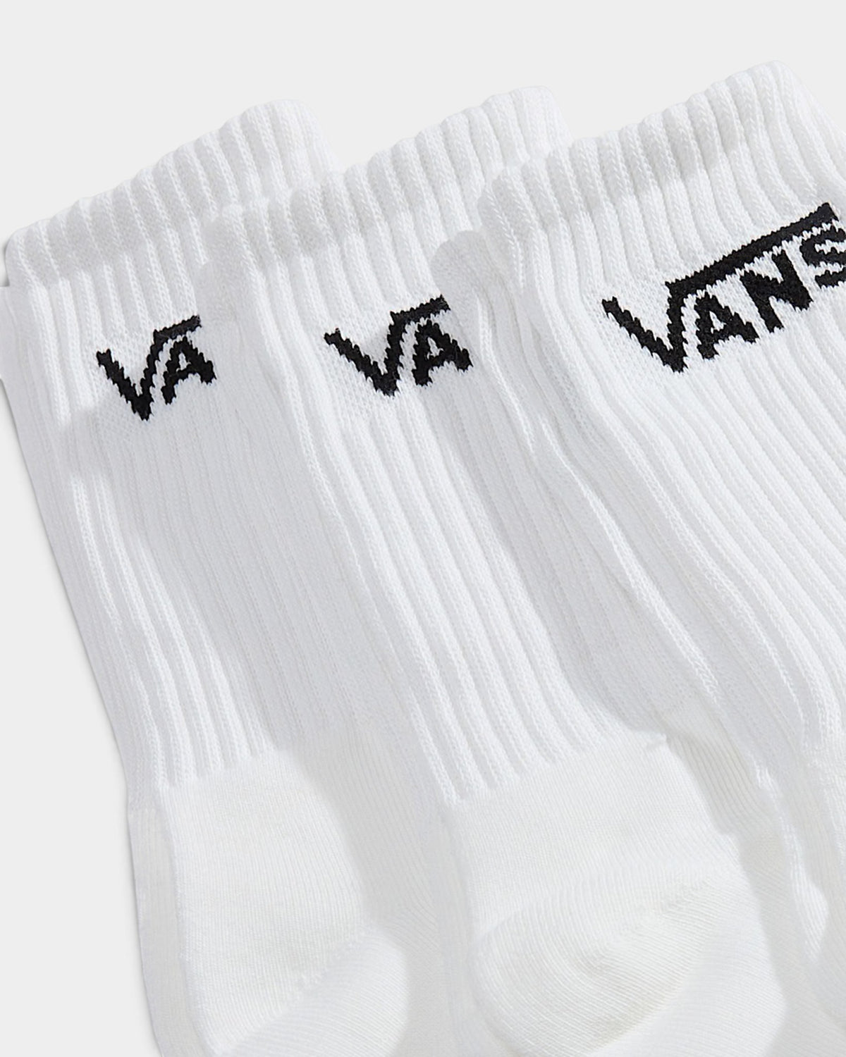 Lockwood Avenue 3-pack of white crew socks featuring a black jacquard Vans logo on the ribbed cuffs