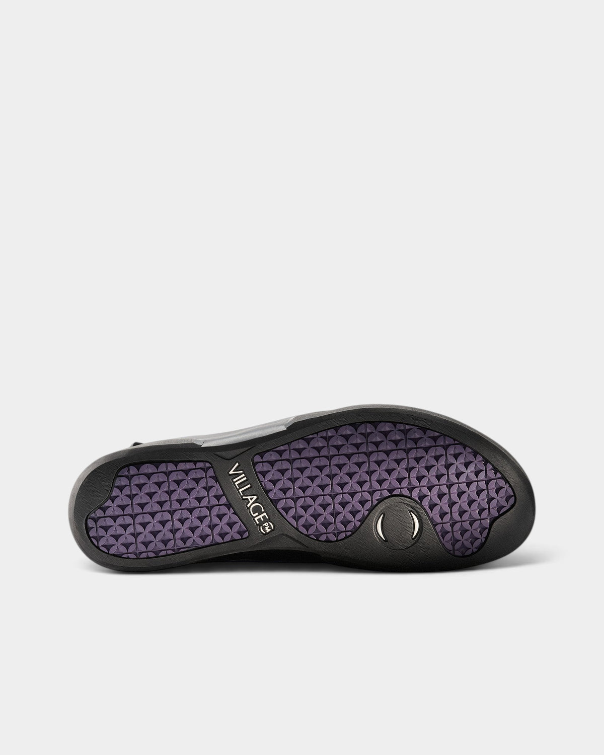 Lockwood Avenue Village PM 1PM skate shoe featuring a purple patterned rubber sole with black trim and logo detailing.
