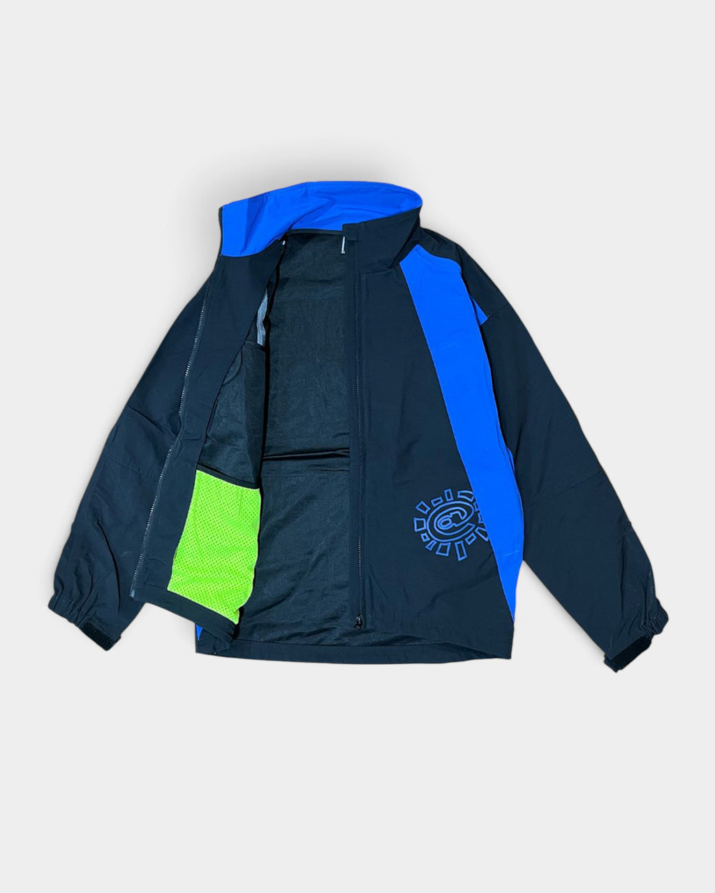 Lockwood Avenue always do what you should do waterproof nylon jacket in black and blue with neon green interior pocket