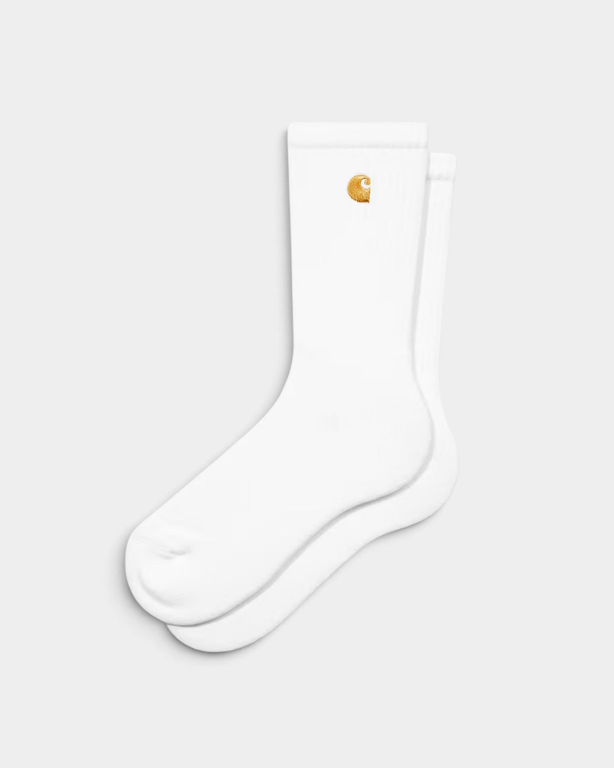 Lockwood Avenue white Carhartt Chase crew socks with ribbed cuffs and gold embroidered C logo on the side