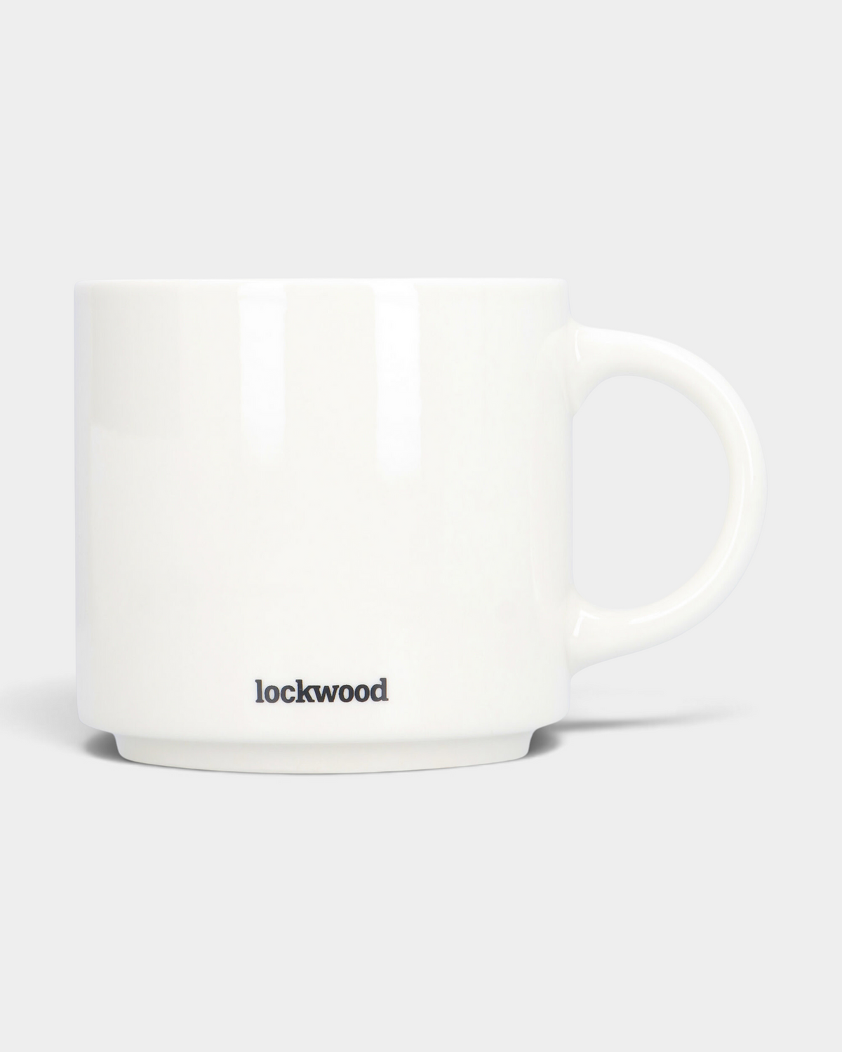 Lockwood Avenue ceramic coffee mug in white with black Lockwood logo on the side