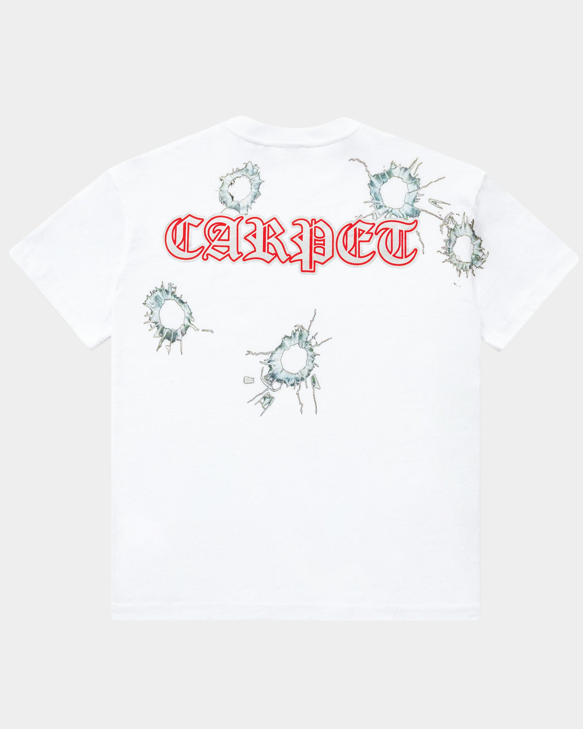 Back view of a white Lockwood Avenue Carpet Company heavyweight cotton t-shirt with red text and gunshot graphics.