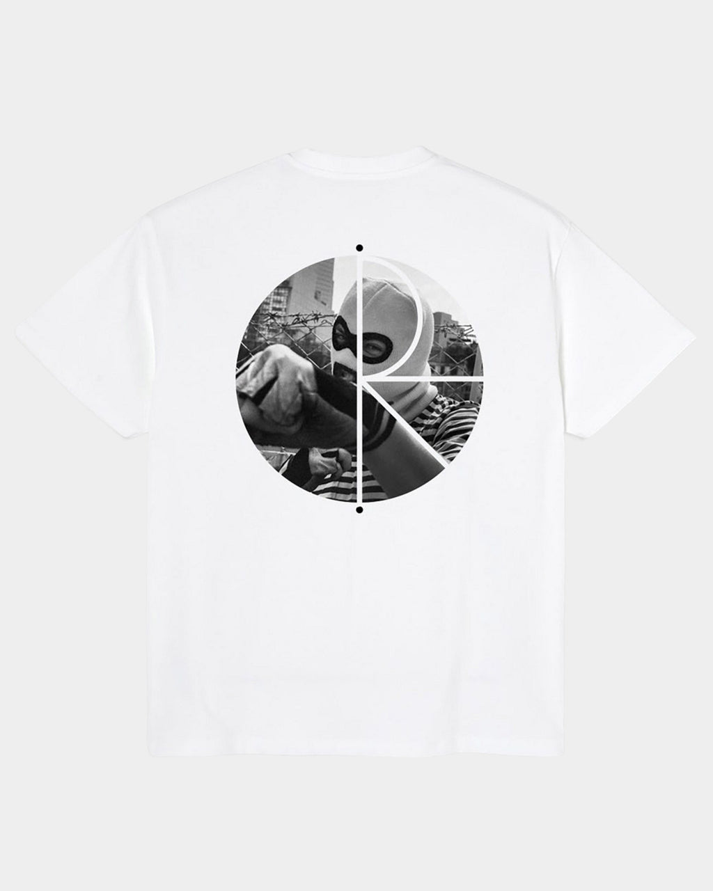 Lockwood Avenue white cotton t-shirt with black and white Klez artwork graphic by Pontus Alv on the back