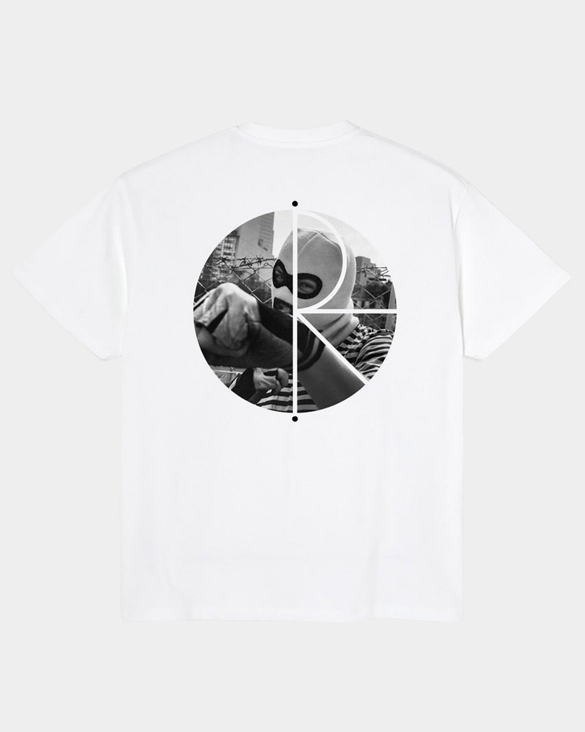 Lockwood Avenue white cotton t-shirt with black and white Klez artwork graphic by Pontus Alv on the back