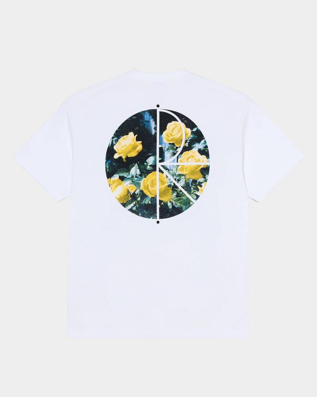 Lockwood Avenue white cotton t-shirt featuring a back graphic of a circular logo filled with yellow rose artwork.