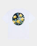 Lockwood Avenue white cotton t-shirt featuring a back graphic of a circular logo filled with yellow rose artwork.