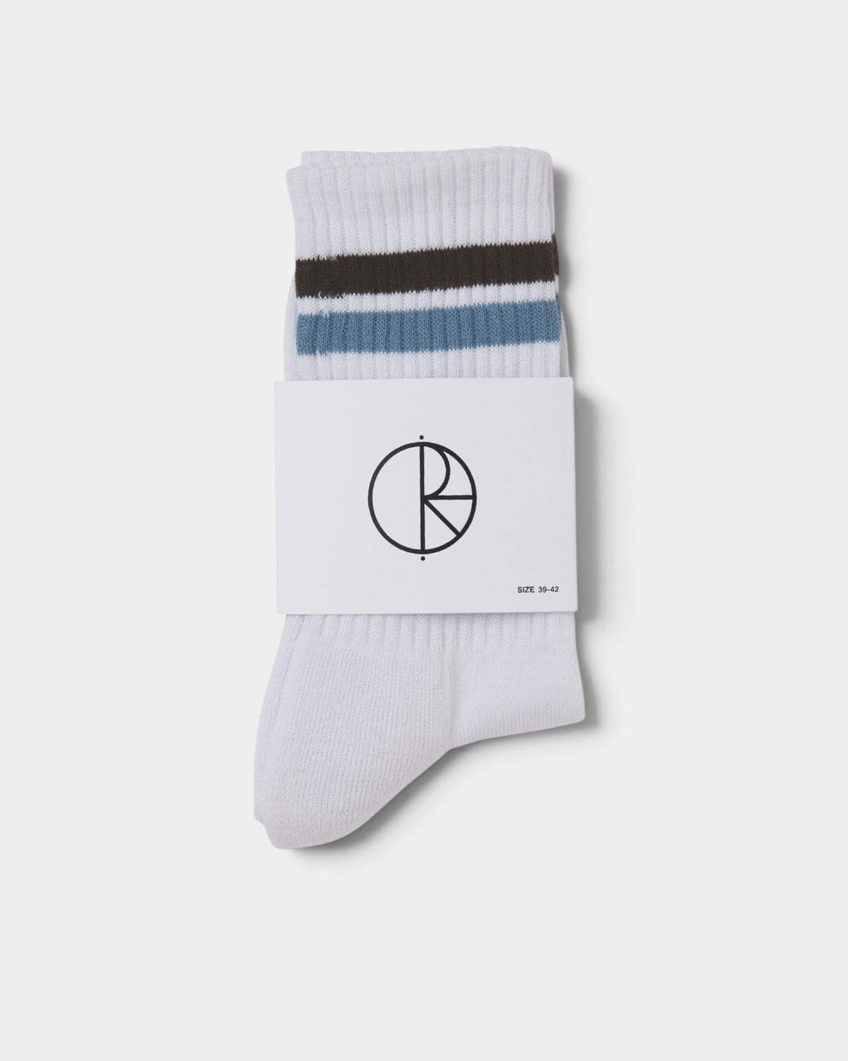 Lockwood Avenue white crew socks with brown and blue jacquard stripes at the cuff and branded packaging