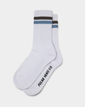 Lockwood Avenue white crew socks with blue and brown jacquard stripes and Polar Skate Co. logo on the sole