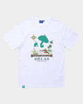 Lockwood Avenue white cotton t-shirt featuring a colourful Vacances holiday graphic print on the chest.