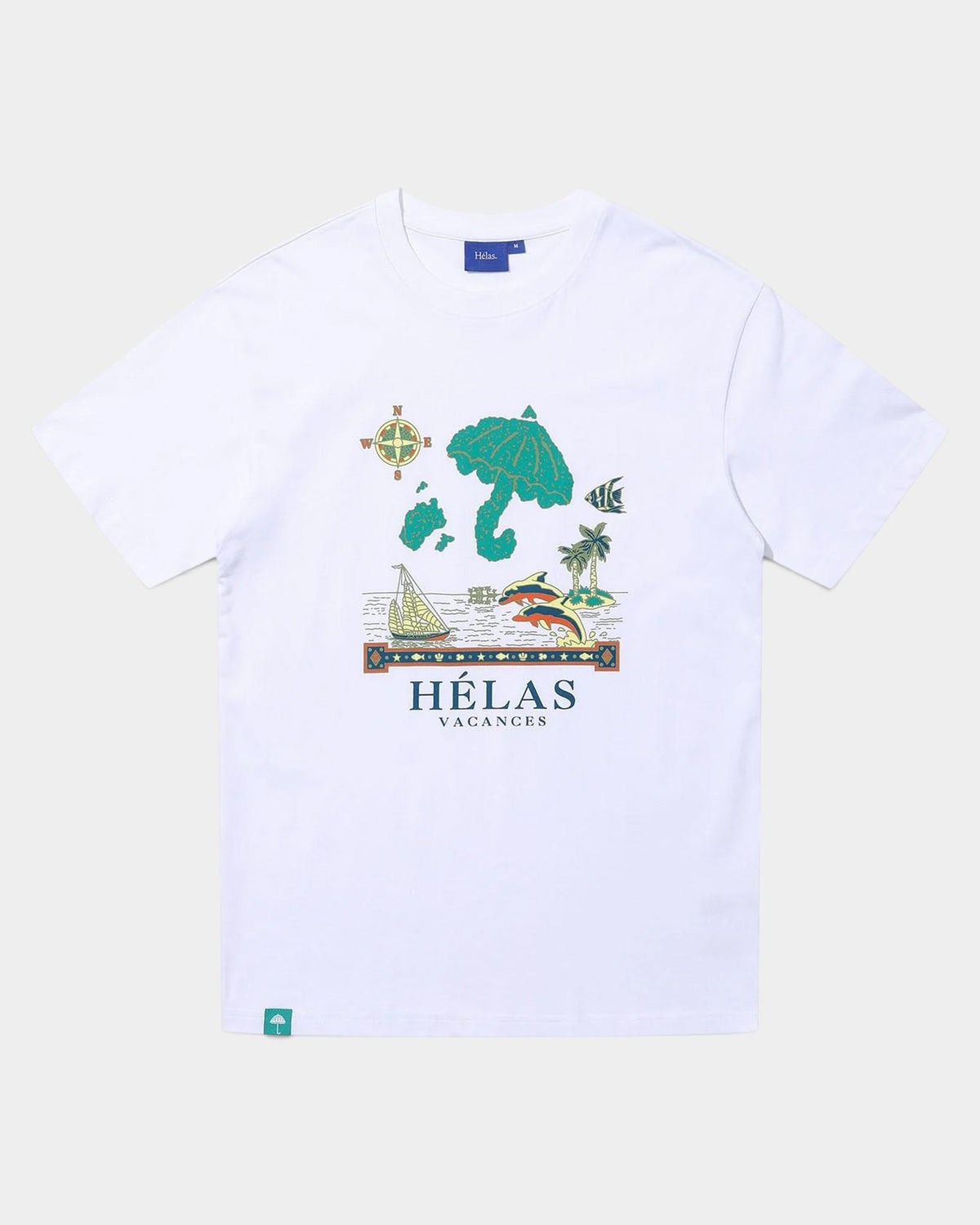 Lockwood Avenue white cotton t-shirt featuring a colourful Vacances holiday graphic print on the chest.