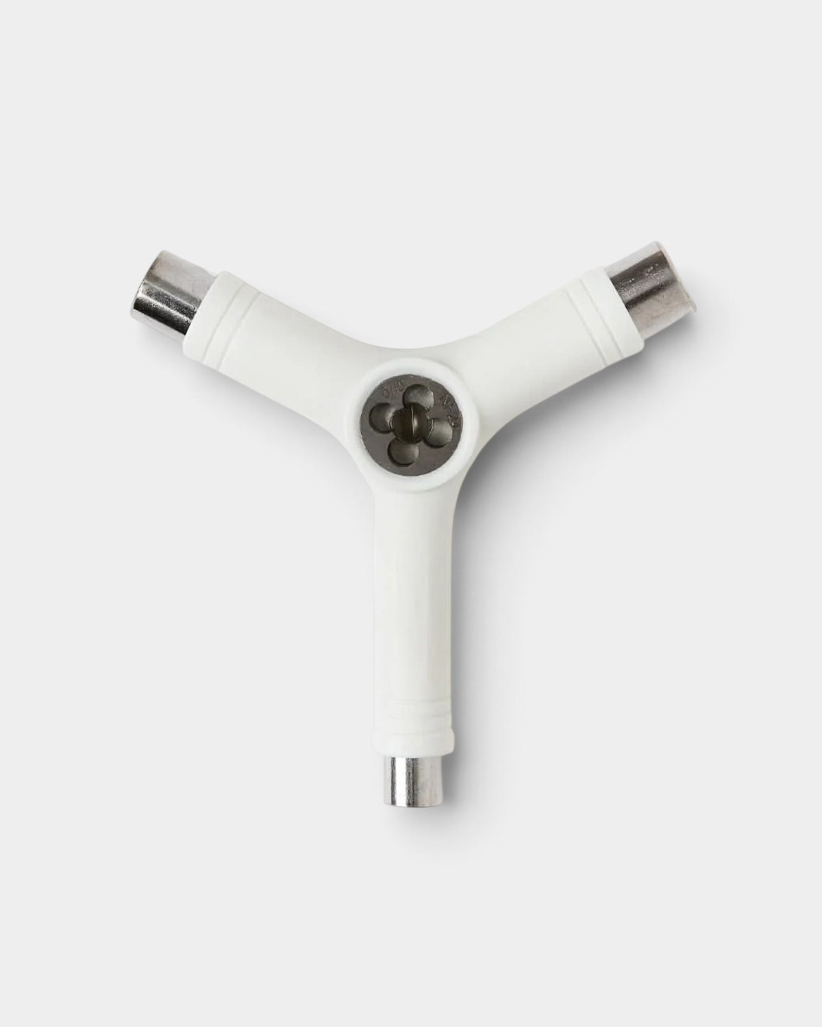 Lockwood Avenue white Y-shaped skateboard tool with three fixed metal sockets for kingpin, axle, and mounting nuts.