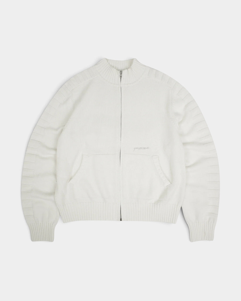 Lockwood Avenue Yardsale Faldo white cotton knitted full-zip sweatshirt with jacquard sleeve detailing and front pockets
