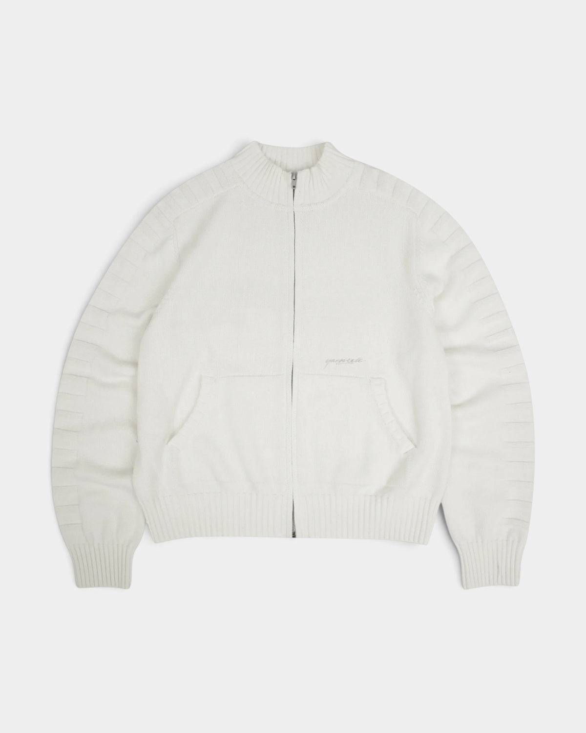 Lockwood Avenue Yardsale Faldo white cotton knitted full-zip sweatshirt with jacquard sleeve detailing and front pockets