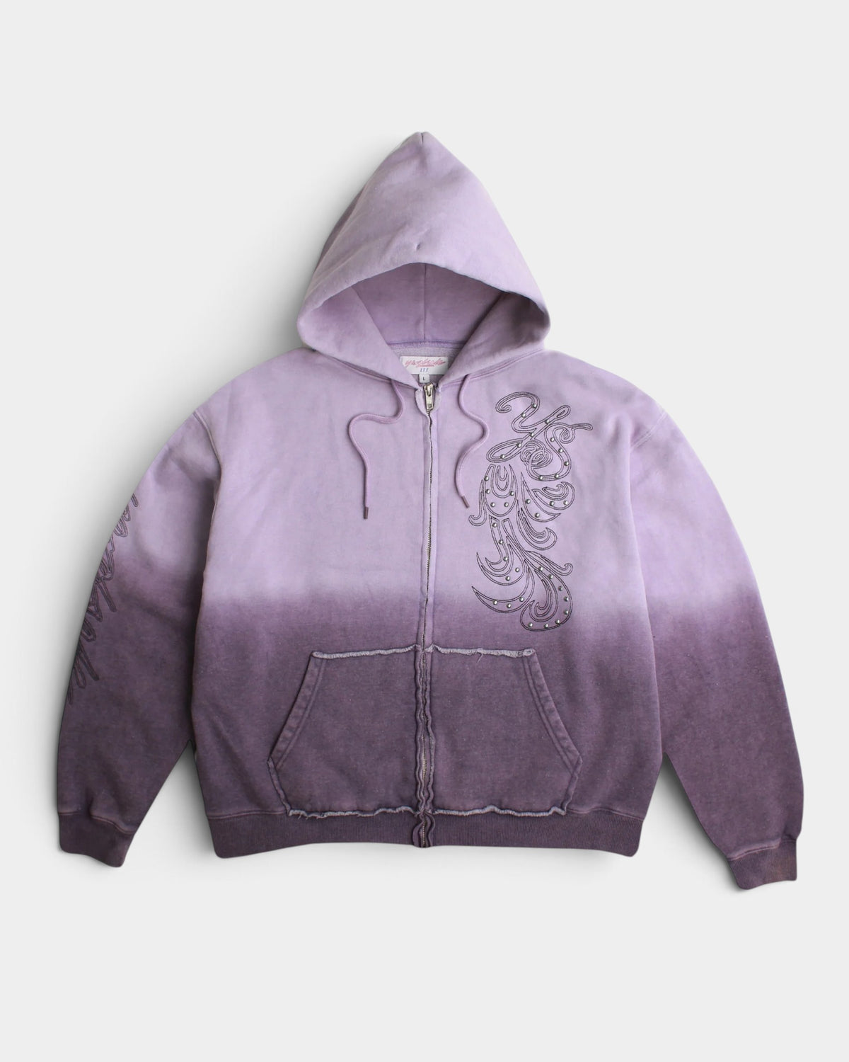 Lockwood Avenue Yardsale ombre full zip hoodie in purple dip-dye cotton with embroidered and studded detailing.